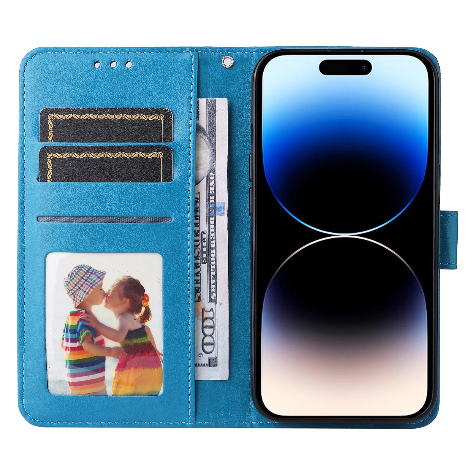 Uniqkart for iPhone 15 Pro Max Phone Stand PU Leather Cover Shockproof Sunflower Imprinted Wallet Case - Blue