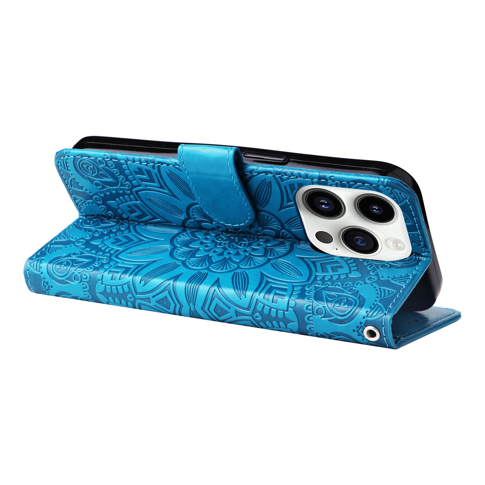 Uniqkart for iPhone 15 Pro Max Phone Stand PU Leather Cover Shockproof Sunflower Imprinted Wallet Case - Blue
