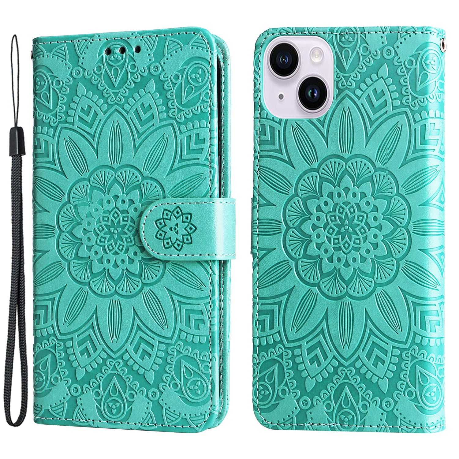 Uniqkart for iPhone 15 Imprinted Sunflower Stand PU Leather Cover Anti-Scratch Wallet Smartphone Case - Green