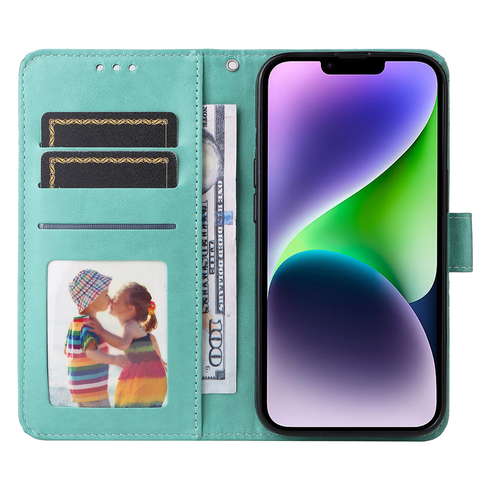 Uniqkart for iPhone 15 Imprinted Sunflower Stand PU Leather Cover Anti-Scratch Wallet Smartphone Case - Green