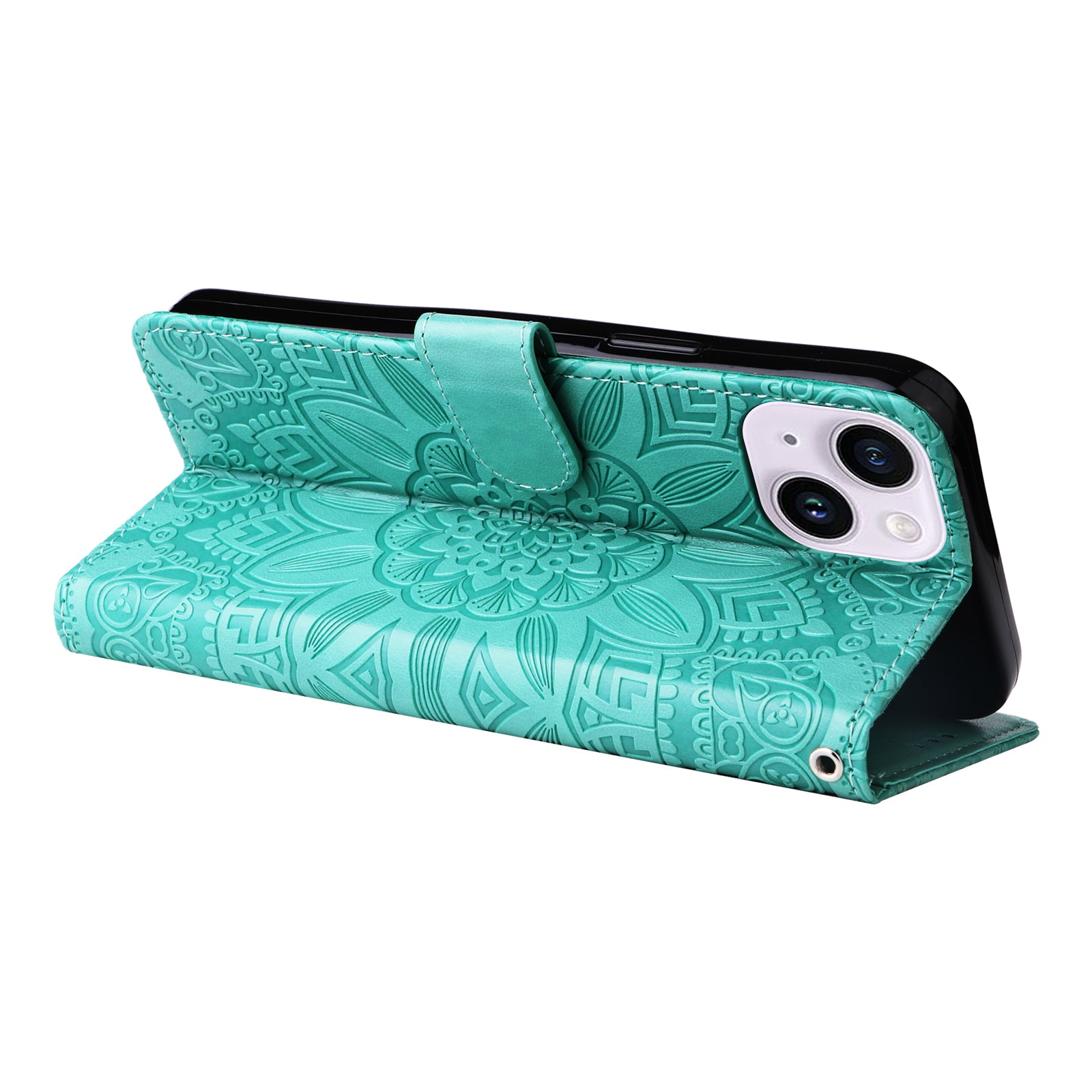 Uniqkart for iPhone 15 Imprinted Sunflower Stand PU Leather Cover Anti-Scratch Wallet Smartphone Case - Green