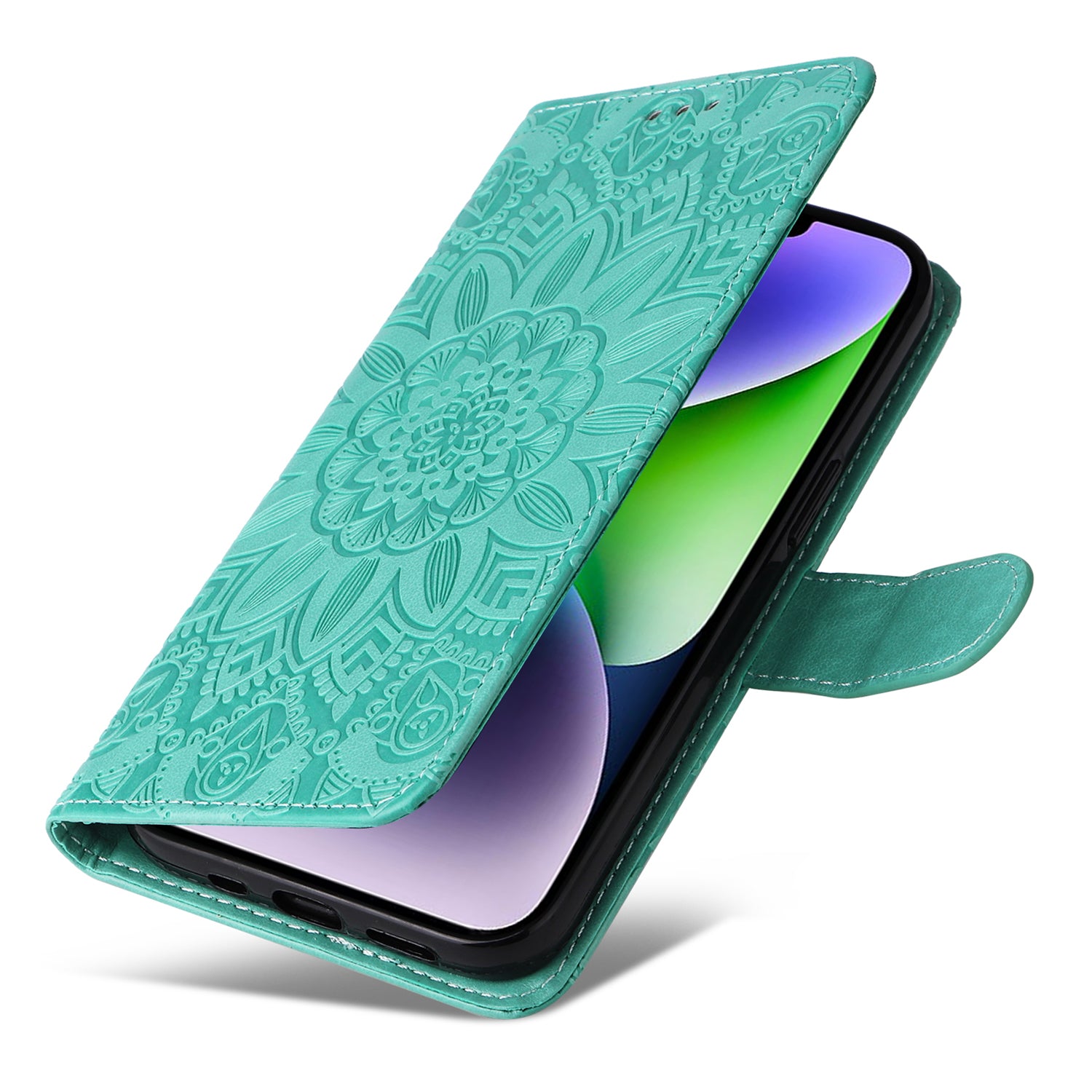 Uniqkart for iPhone 15 Imprinted Sunflower Stand PU Leather Cover Anti-Scratch Wallet Smartphone Case - Green