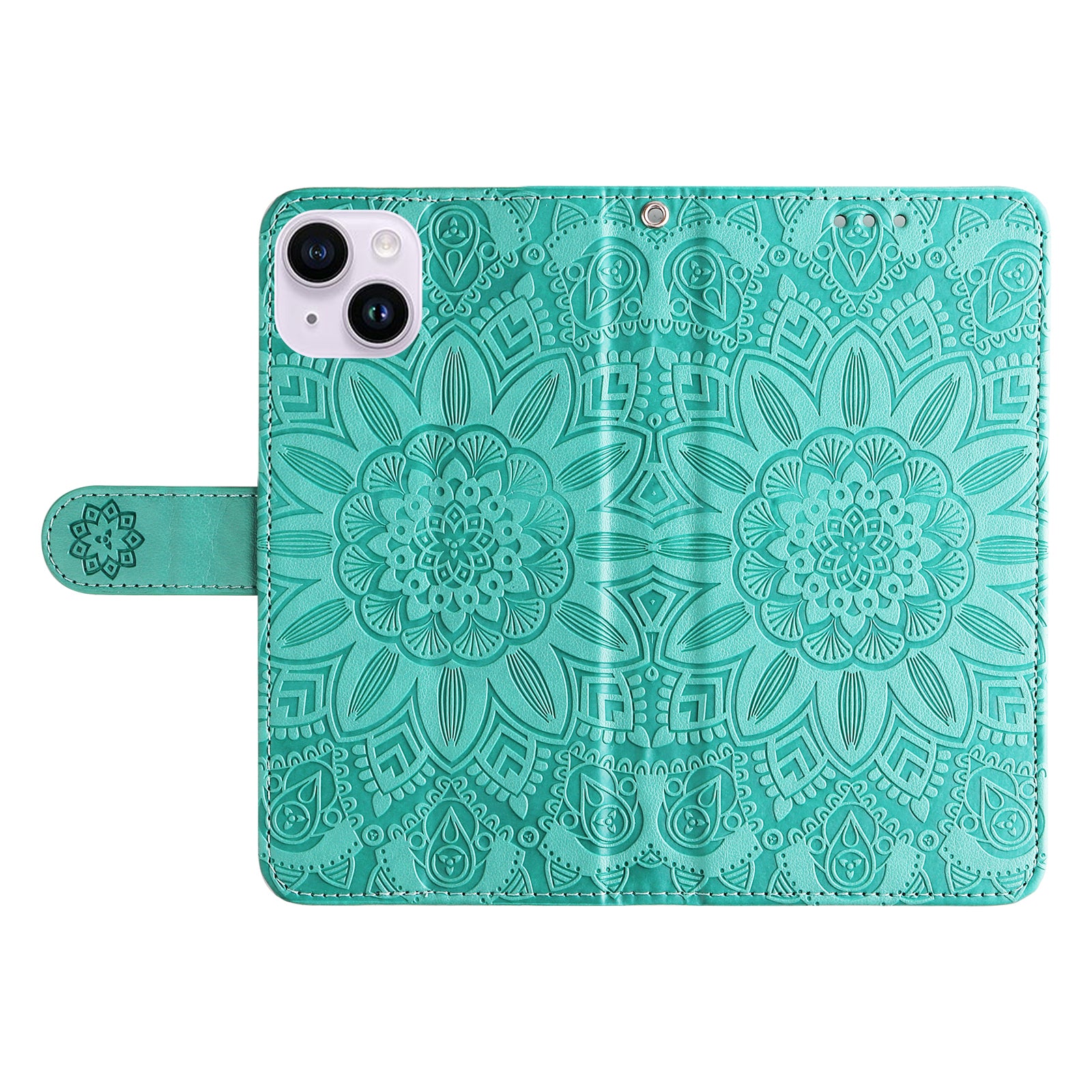 Uniqkart for iPhone 15 Imprinted Sunflower Stand PU Leather Cover Anti-Scratch Wallet Smartphone Case - Green