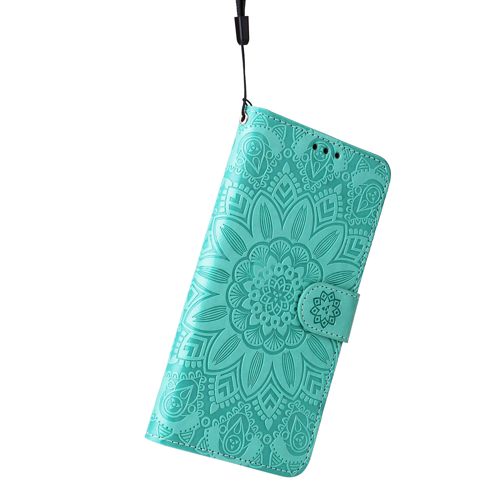 Uniqkart for iPhone 15 Imprinted Sunflower Stand PU Leather Cover Anti-Scratch Wallet Smartphone Case - Green