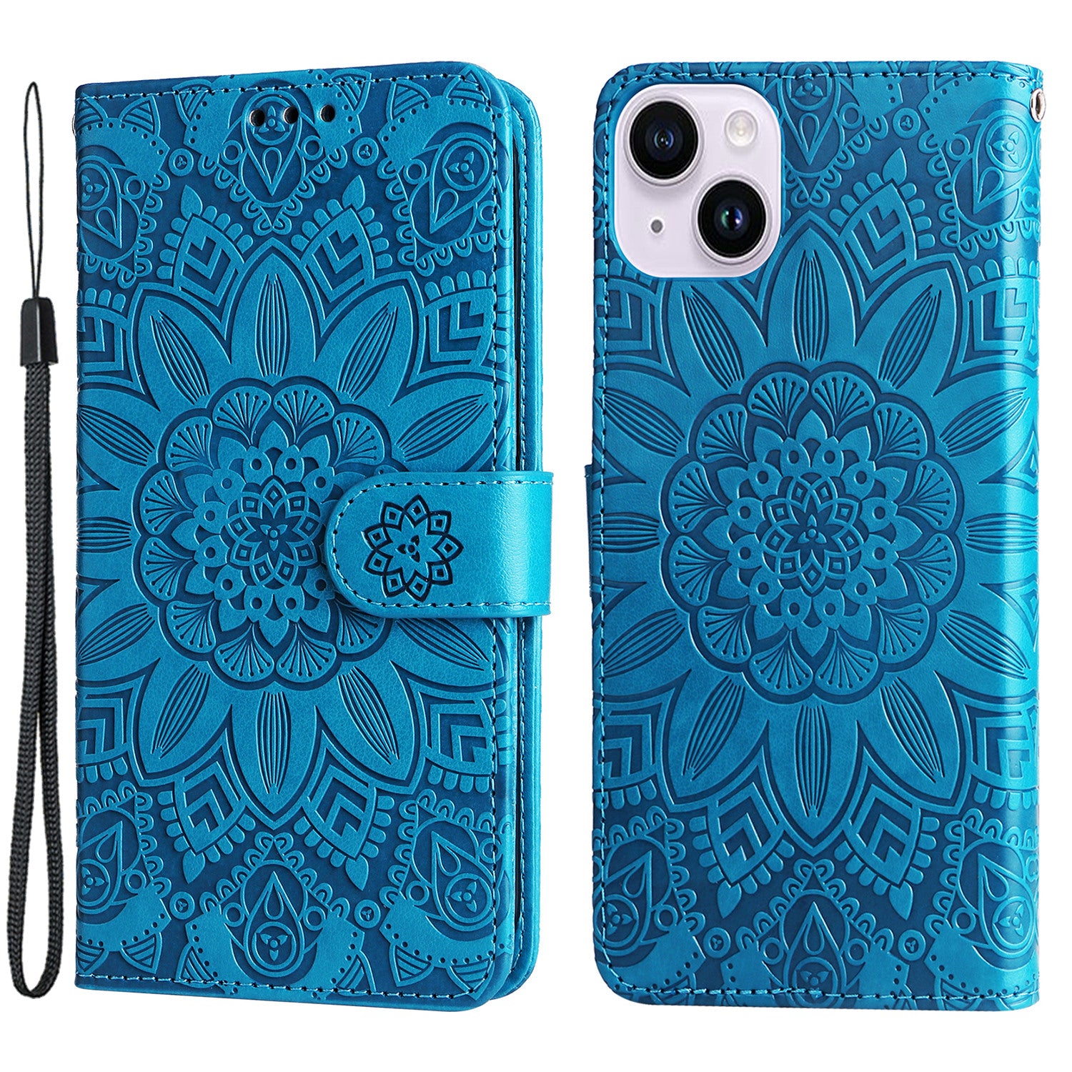 Uniqkart for iPhone 15 Imprinted Sunflower Stand PU Leather Cover Anti-Scratch Wallet Smartphone Case - Blue