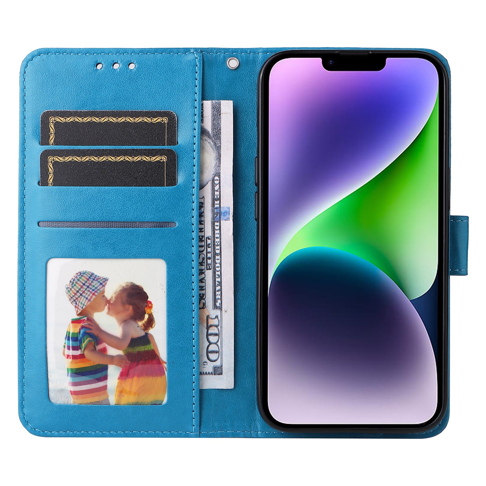 Uniqkart for iPhone 15 Imprinted Sunflower Stand PU Leather Cover Anti-Scratch Wallet Smartphone Case - Blue