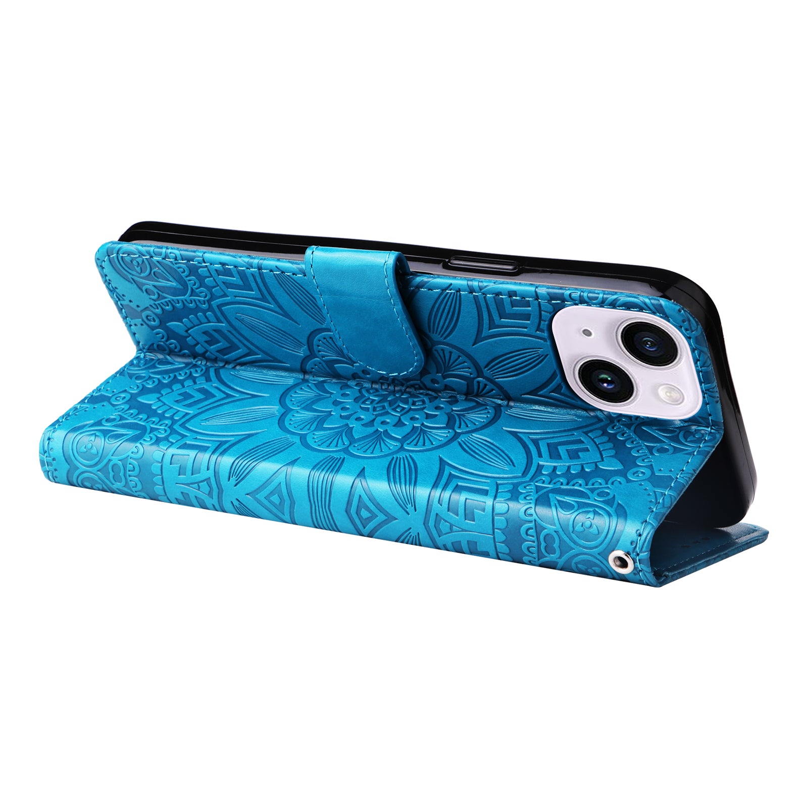 Uniqkart for iPhone 15 Imprinted Sunflower Stand PU Leather Cover Anti-Scratch Wallet Smartphone Case - Blue