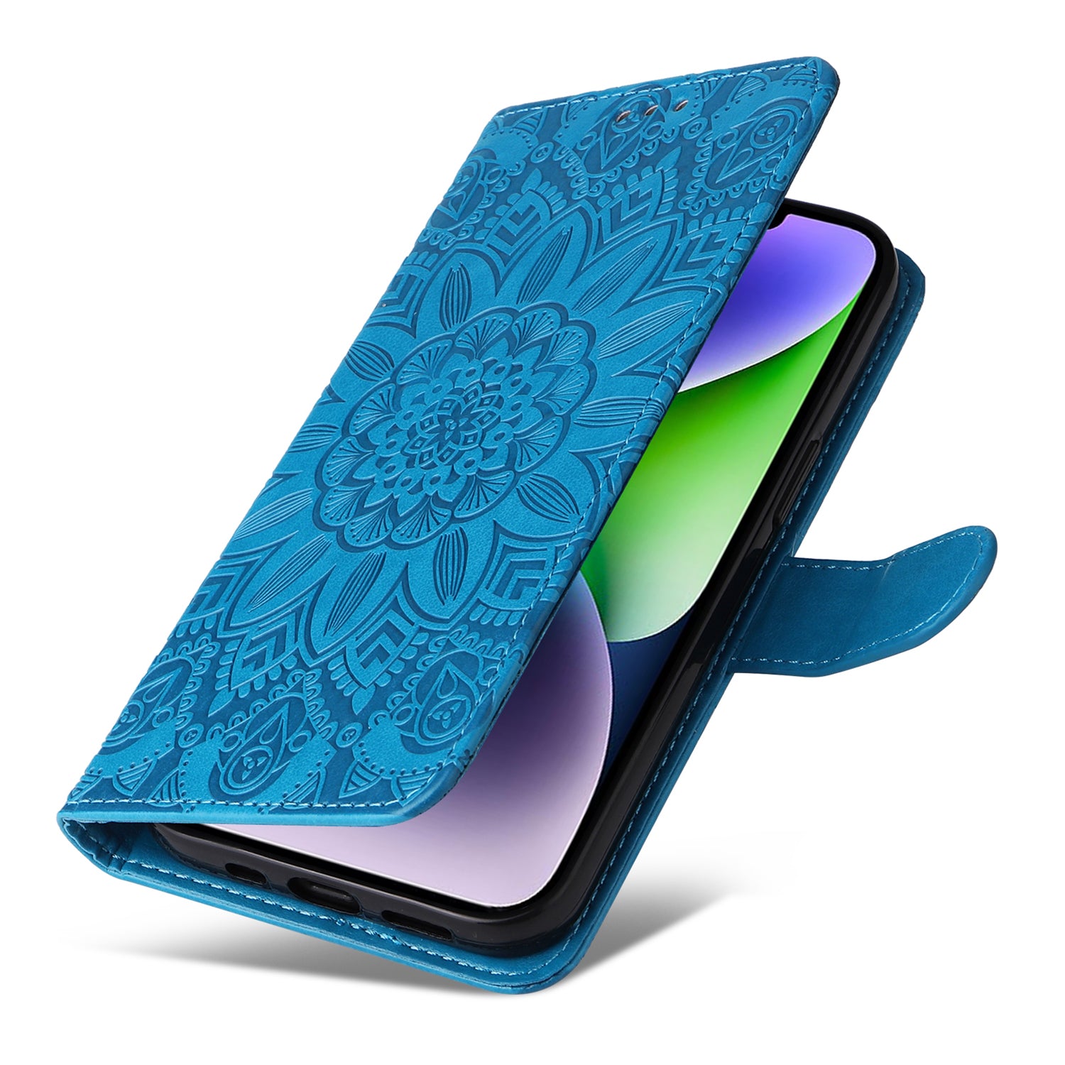 Uniqkart for iPhone 15 Imprinted Sunflower Stand PU Leather Cover Anti-Scratch Wallet Smartphone Case - Blue