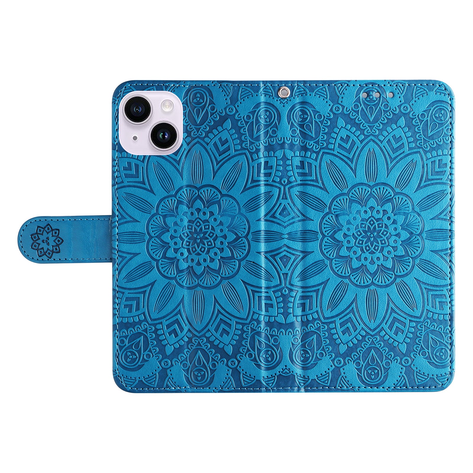Uniqkart for iPhone 15 Imprinted Sunflower Stand PU Leather Cover Anti-Scratch Wallet Smartphone Case - Blue