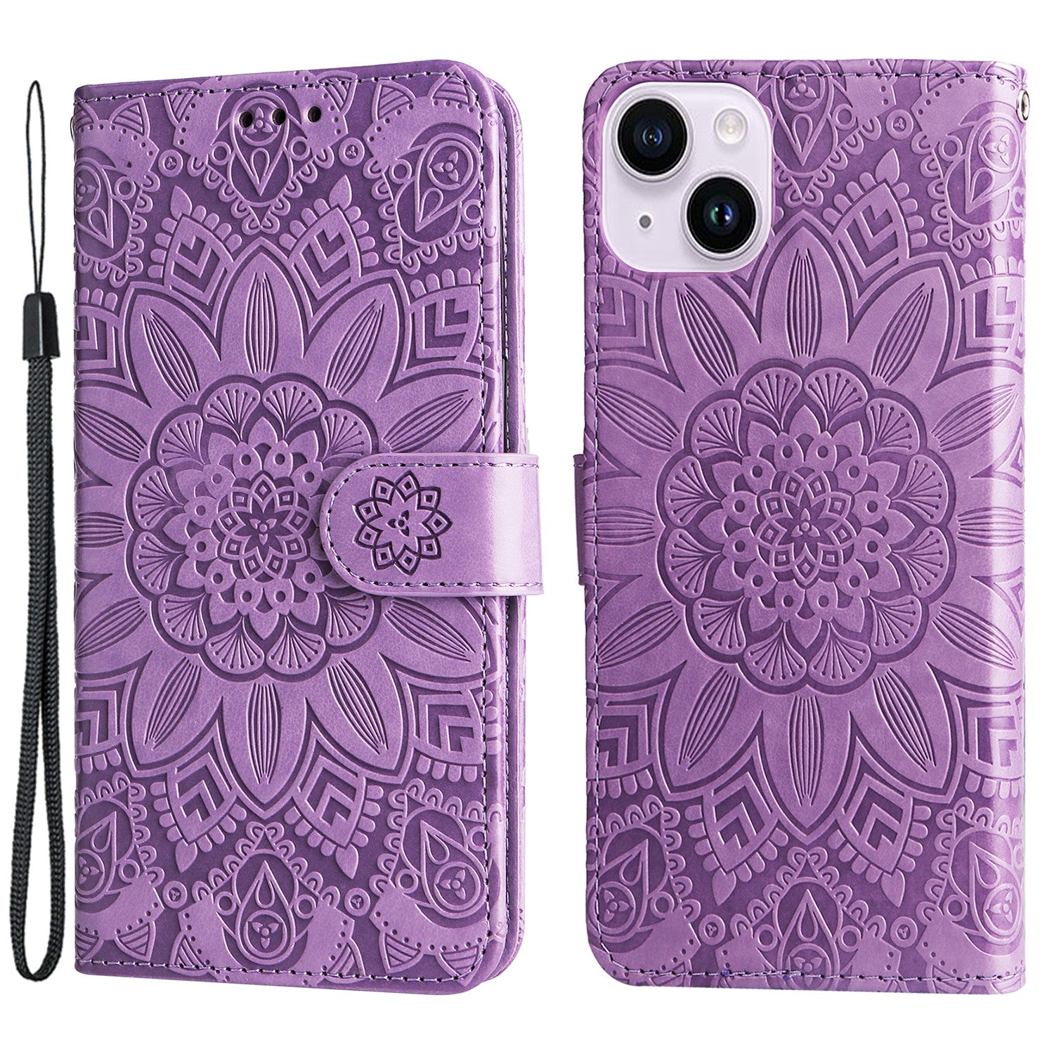 Uniqkart for iPhone 15 Imprinted Sunflower Stand PU Leather Cover Anti-Scratch Wallet Smartphone Case - Purple