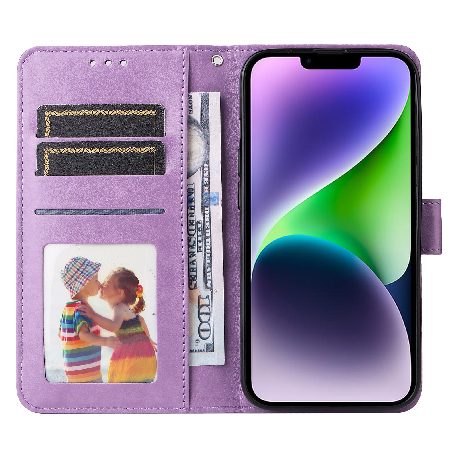 Uniqkart for iPhone 15 Imprinted Sunflower Stand PU Leather Cover Anti-Scratch Wallet Smartphone Case - Purple