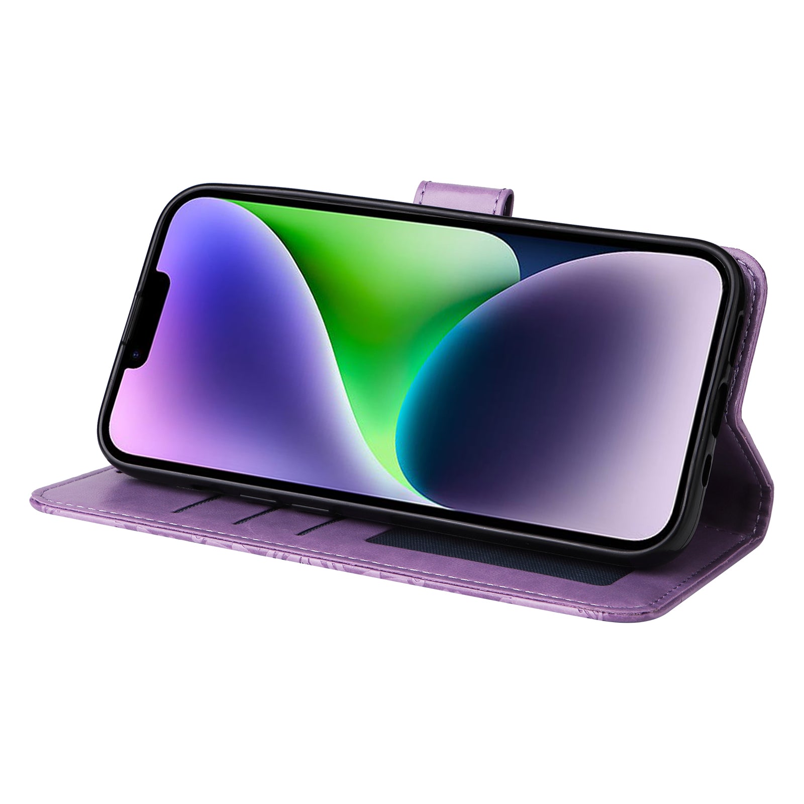Uniqkart for iPhone 15 Imprinted Sunflower Stand PU Leather Cover Anti-Scratch Wallet Smartphone Case - Purple