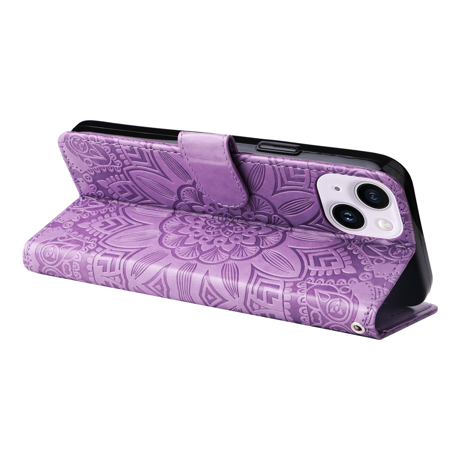 Uniqkart for iPhone 15 Imprinted Sunflower Stand PU Leather Cover Anti-Scratch Wallet Smartphone Case - Purple