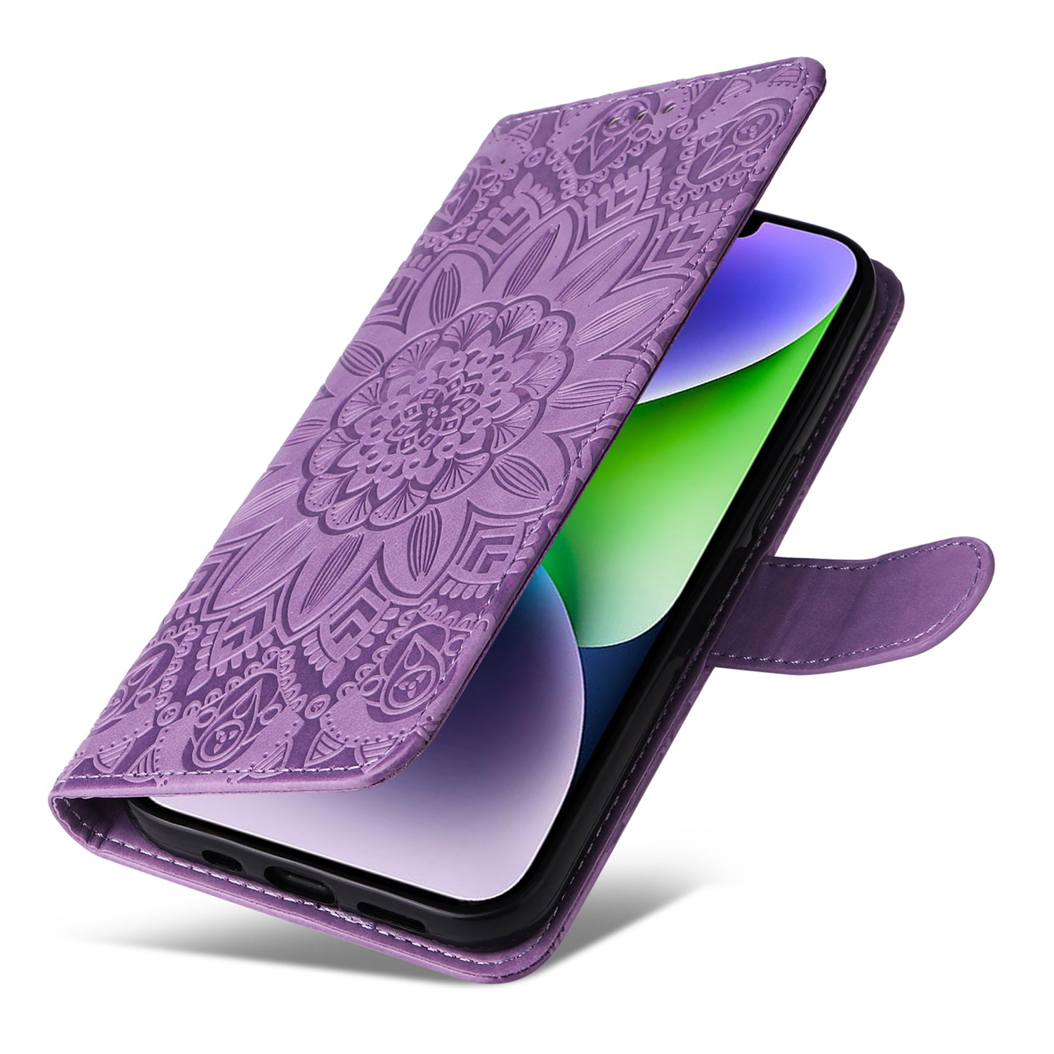 Uniqkart for iPhone 15 Imprinted Sunflower Stand PU Leather Cover Anti-Scratch Wallet Smartphone Case - Purple