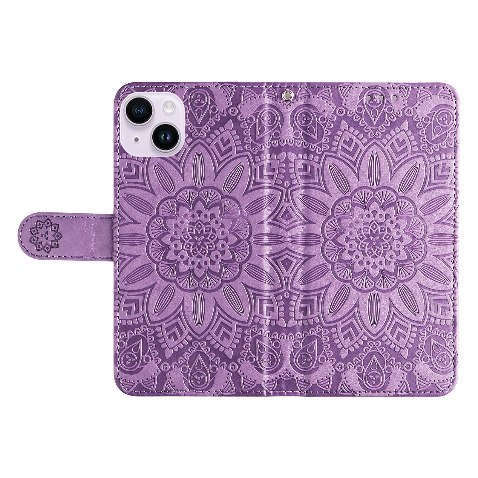 Uniqkart for iPhone 15 Imprinted Sunflower Stand PU Leather Cover Anti-Scratch Wallet Smartphone Case - Purple