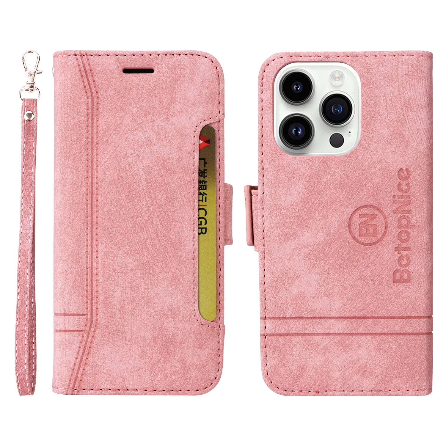 Uniqkart 001 For iPhone 15 Pro Multifunction Wallet Cell Phone Case Shockproof PU Leather Stand Cover - Pink
