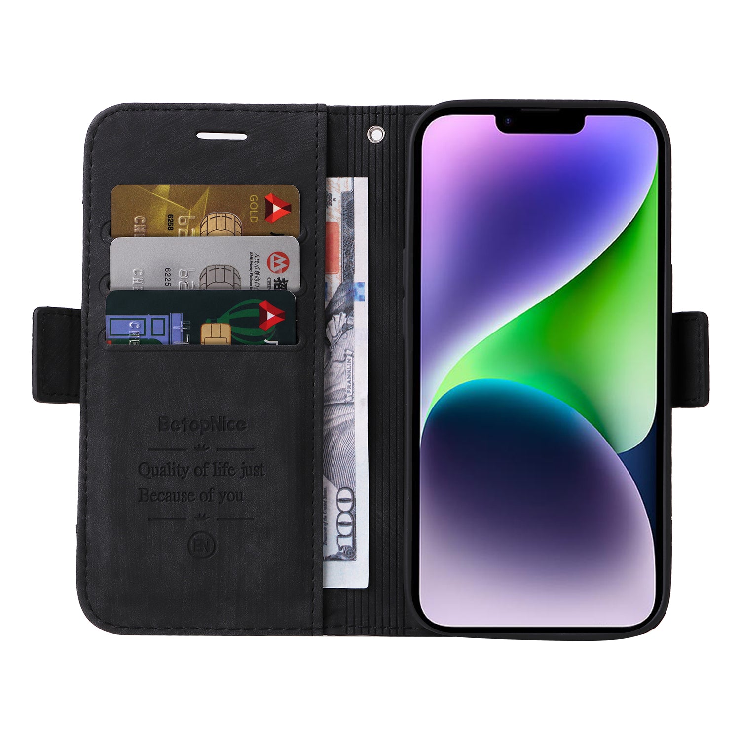 Uniqkart 001 For iPhone 15 Plus Shockproof PU Leather Stand Cover Multifunction Wallet Cell Phone Case - Black