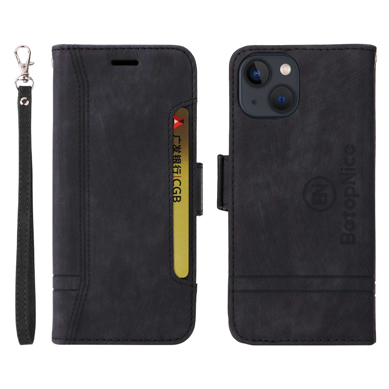 Uniqkart 001 For iPhone 15 Smartphone Cover Wallet Cell Phone Case Shockproof PU Leather Stand Shell - Black