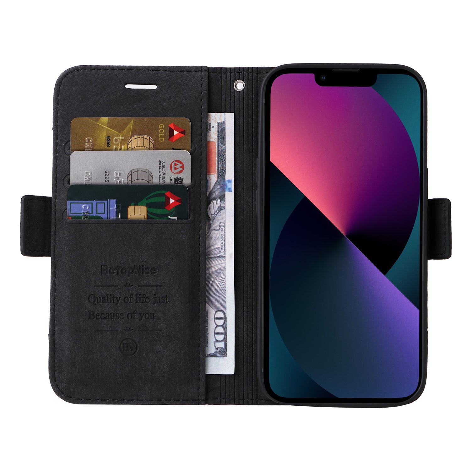 Uniqkart 001 For iPhone 15 Smartphone Cover Wallet Cell Phone Case Shockproof PU Leather Stand Shell - Black