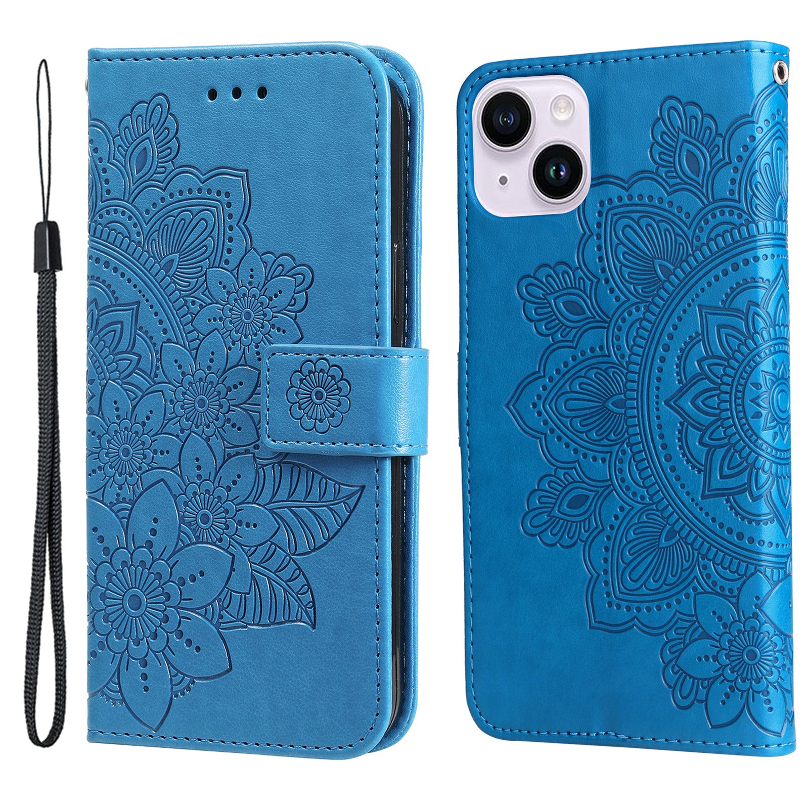Uniqkart for iPhone 15 Plus Anti-Scratch PU Leather Cover Imprinted Flower Pattern Phone Stand Case Wallet Phone Shell - Blue