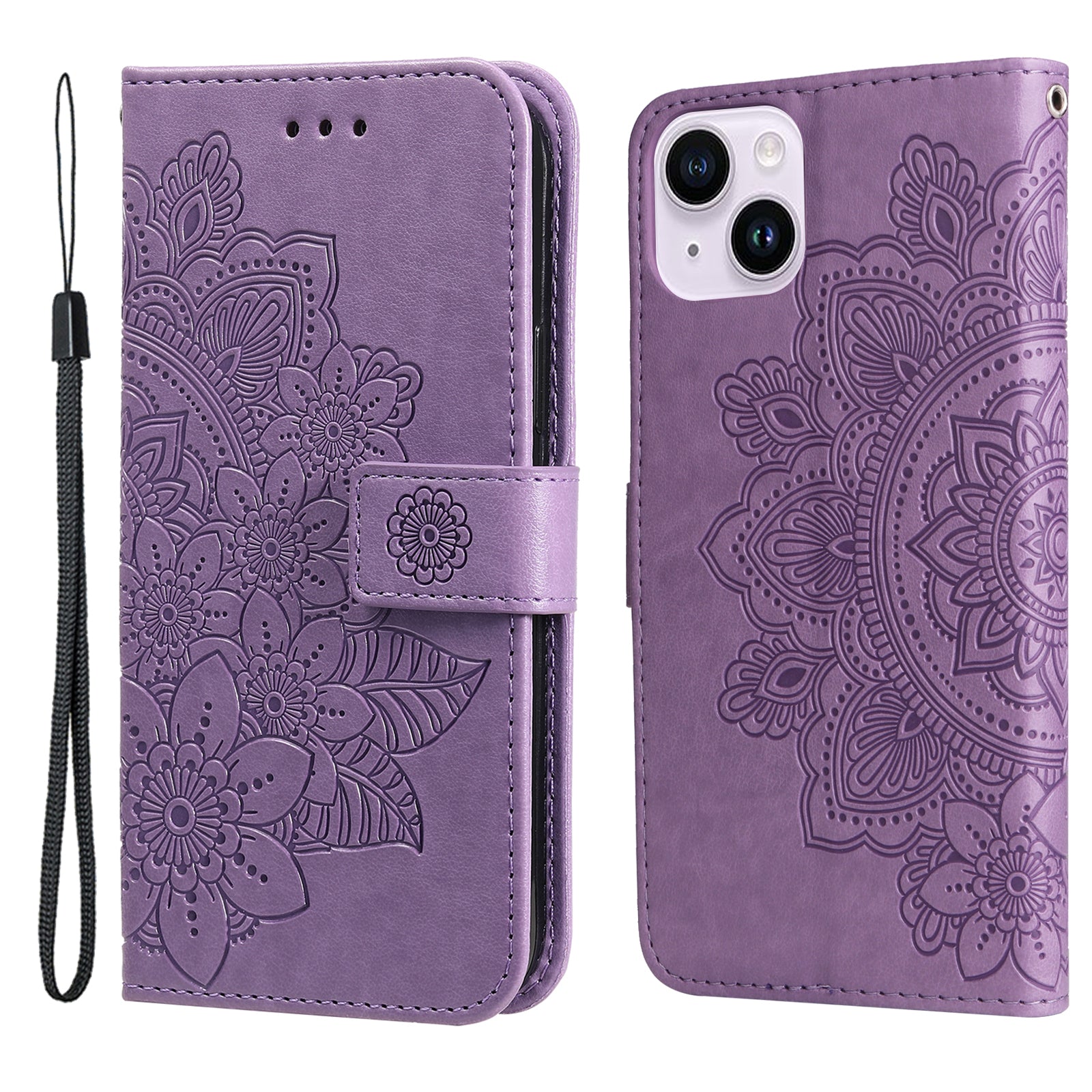 Uniqkart for iPhone 15 Plus Anti-Scratch PU Leather Cover Imprinted Flower Pattern Phone Stand Case Wallet Phone Shell - Purple