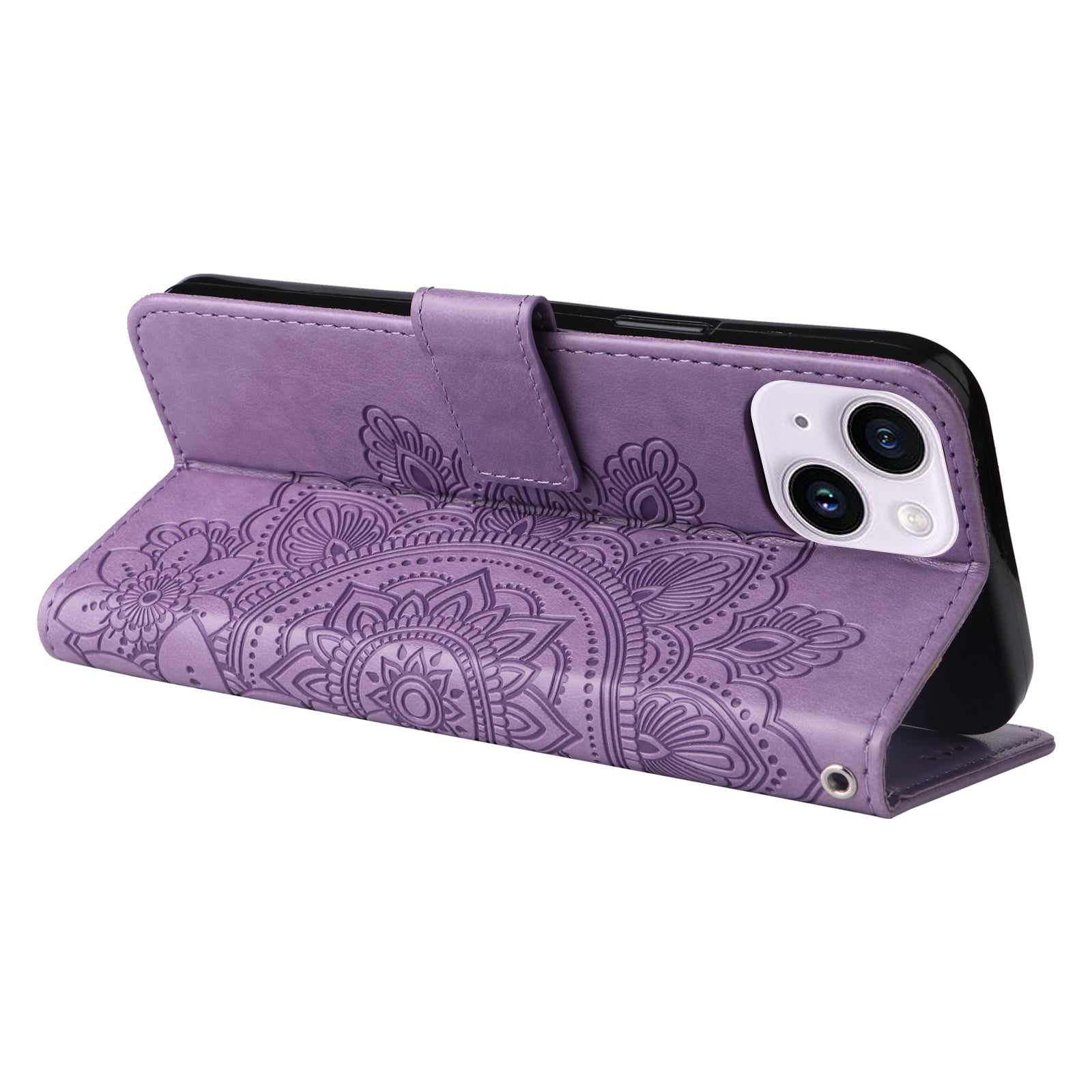 Uniqkart for iPhone 15 Plus Anti-Scratch PU Leather Cover Imprinted Flower Pattern Phone Stand Case Wallet Phone Shell - Purple