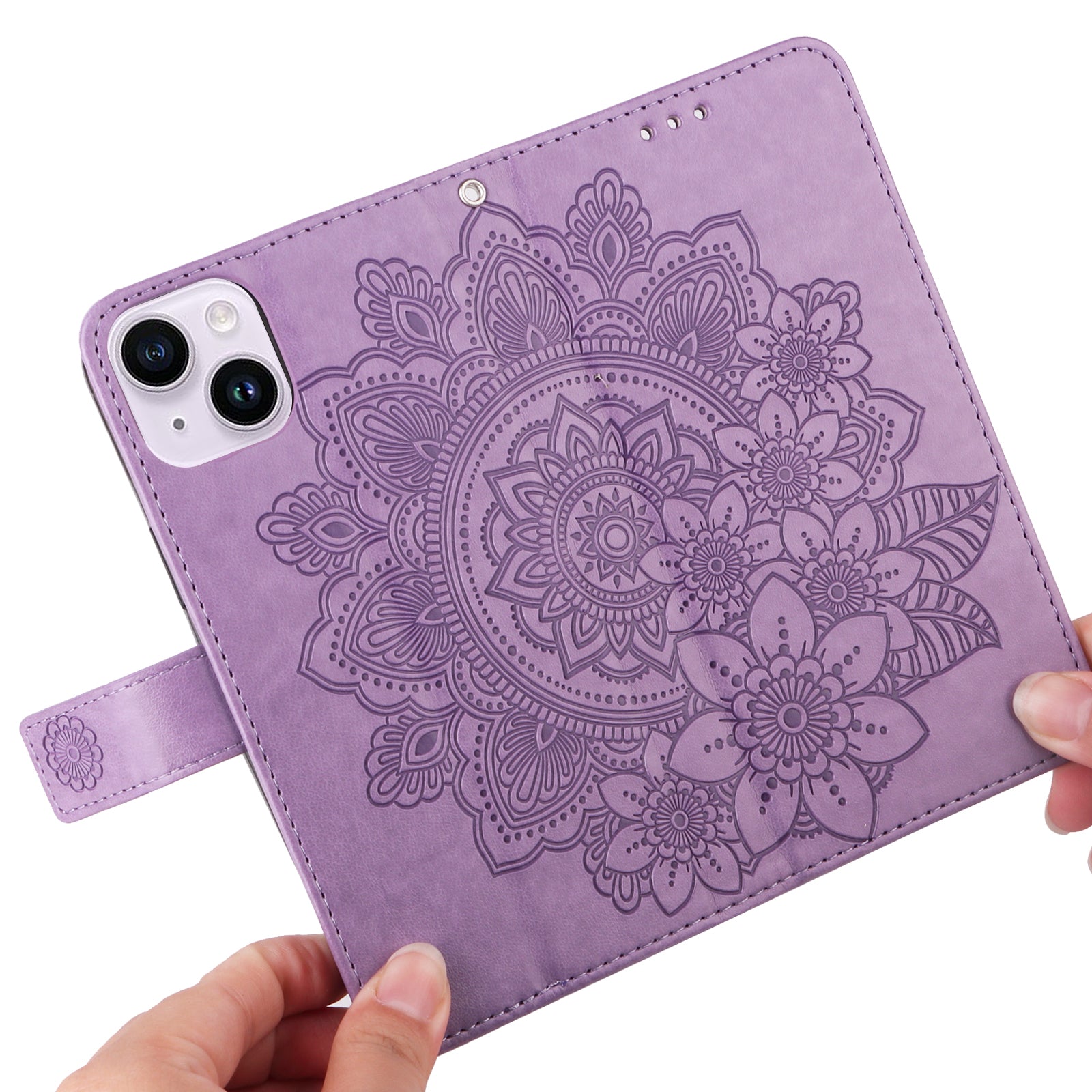 Uniqkart for iPhone 15 Plus Anti-Scratch PU Leather Cover Imprinted Flower Pattern Phone Stand Case Wallet Phone Shell - Purple