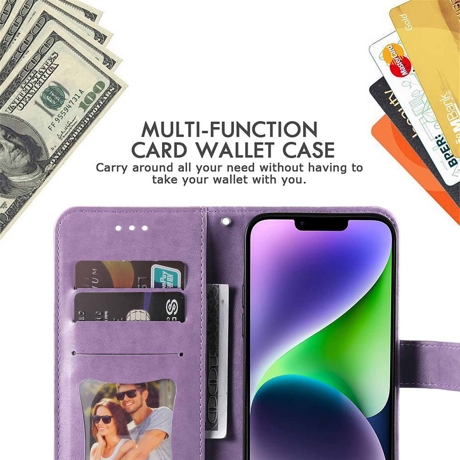 Uniqkart for iPhone 15 Plus Anti-Scratch PU Leather Cover Imprinted Flower Pattern Phone Stand Case Wallet Phone Shell - Purple