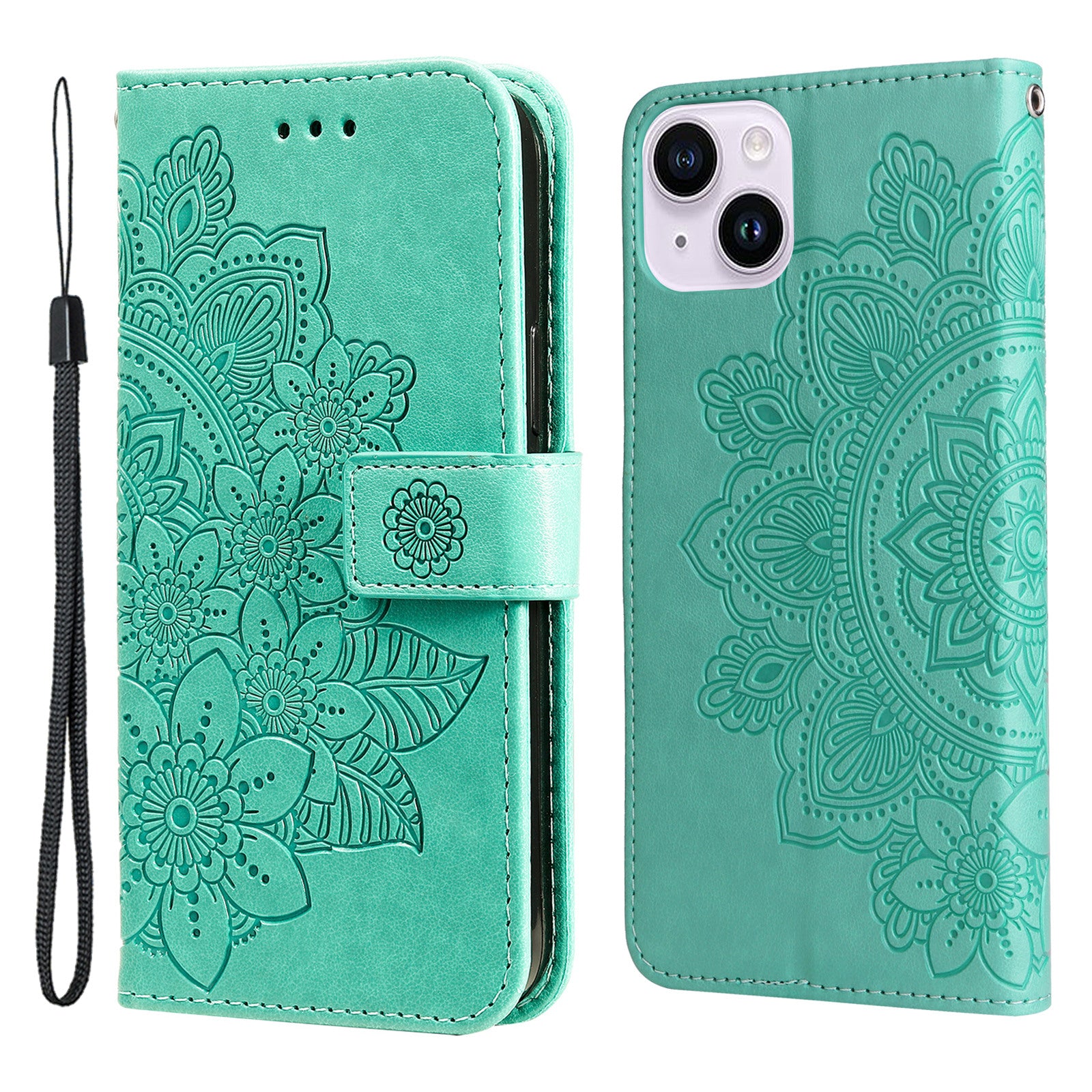 Uniqkart for iPhone 15 Plus Anti-Scratch PU Leather Cover Imprinted Flower Pattern Phone Stand Case Wallet Phone Shell - Green