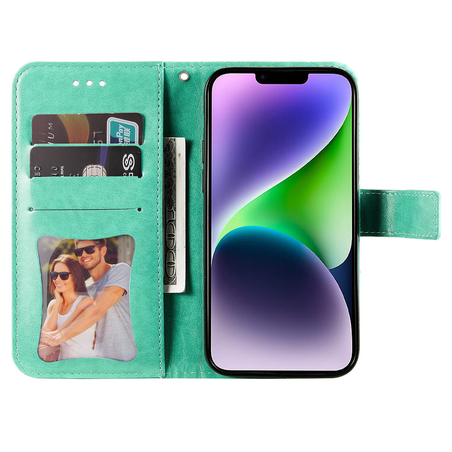 Uniqkart for iPhone 15 Plus Anti-Scratch PU Leather Cover Imprinted Flower Pattern Phone Stand Case Wallet Phone Shell - Green