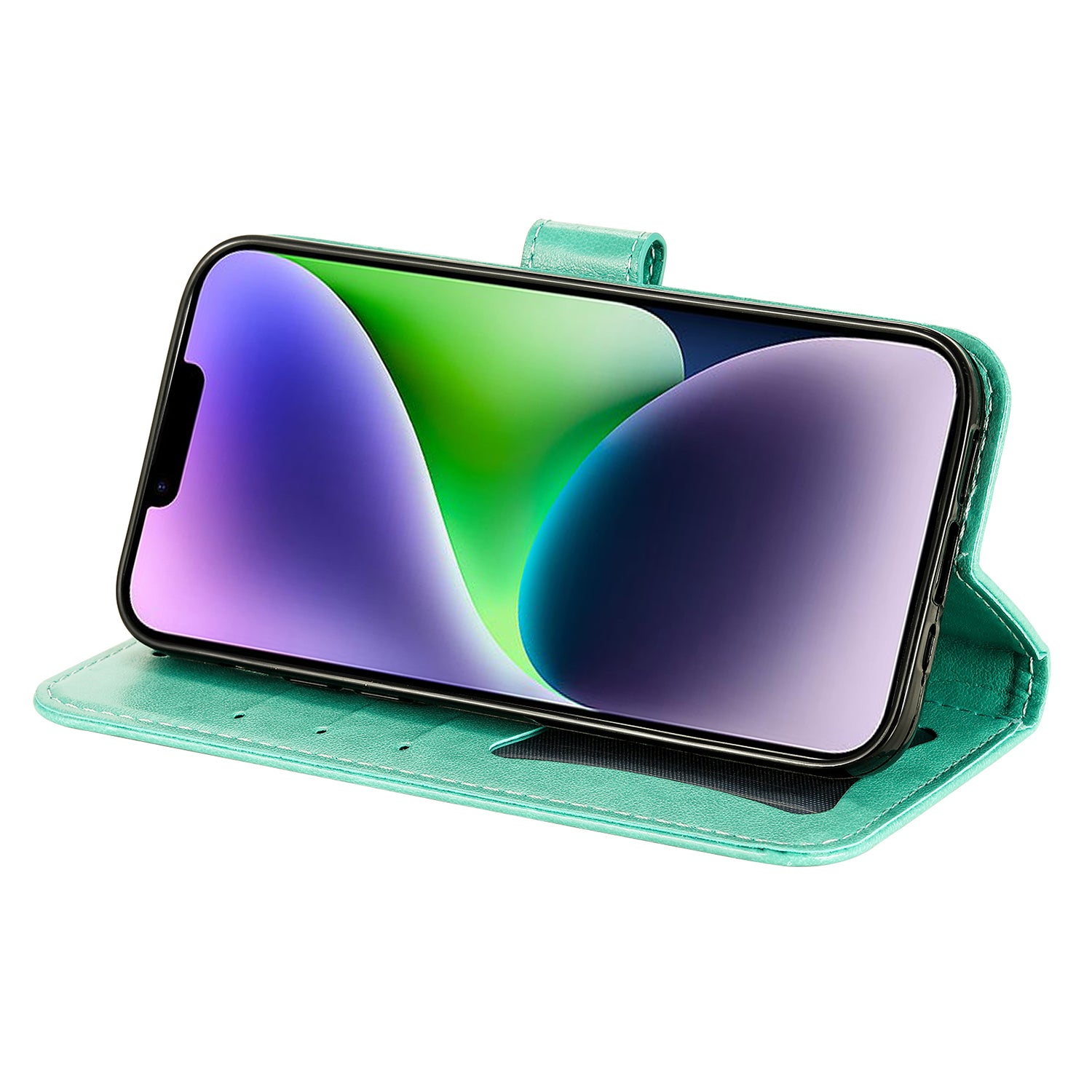 Uniqkart for iPhone 15 Plus Anti-Scratch PU Leather Cover Imprinted Flower Pattern Phone Stand Case Wallet Phone Shell - Green