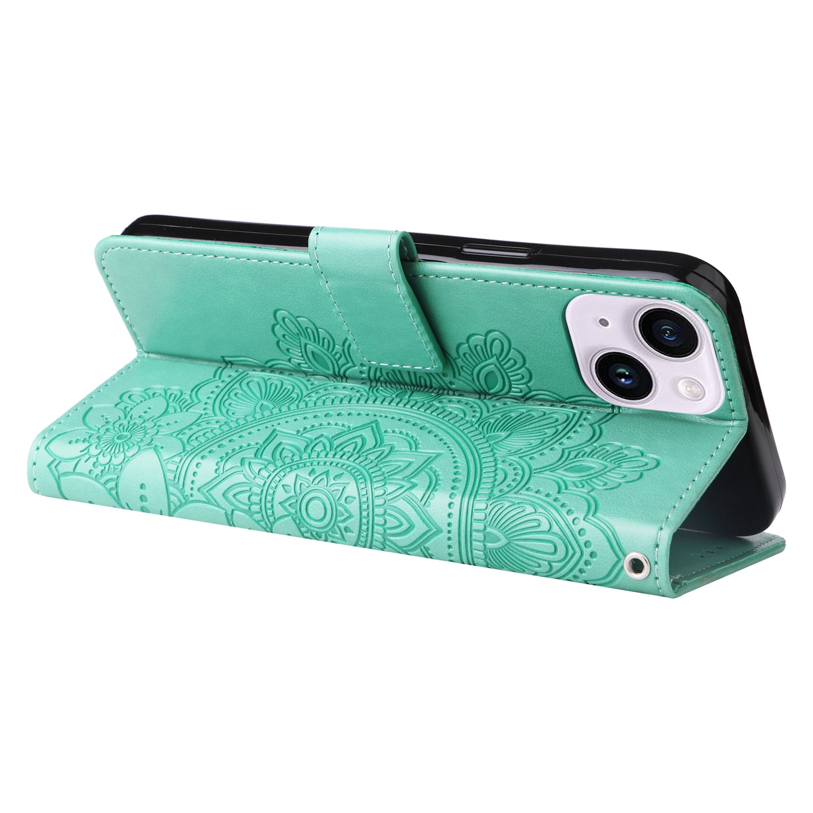 Uniqkart for iPhone 15 Plus Anti-Scratch PU Leather Cover Imprinted Flower Pattern Phone Stand Case Wallet Phone Shell - Green