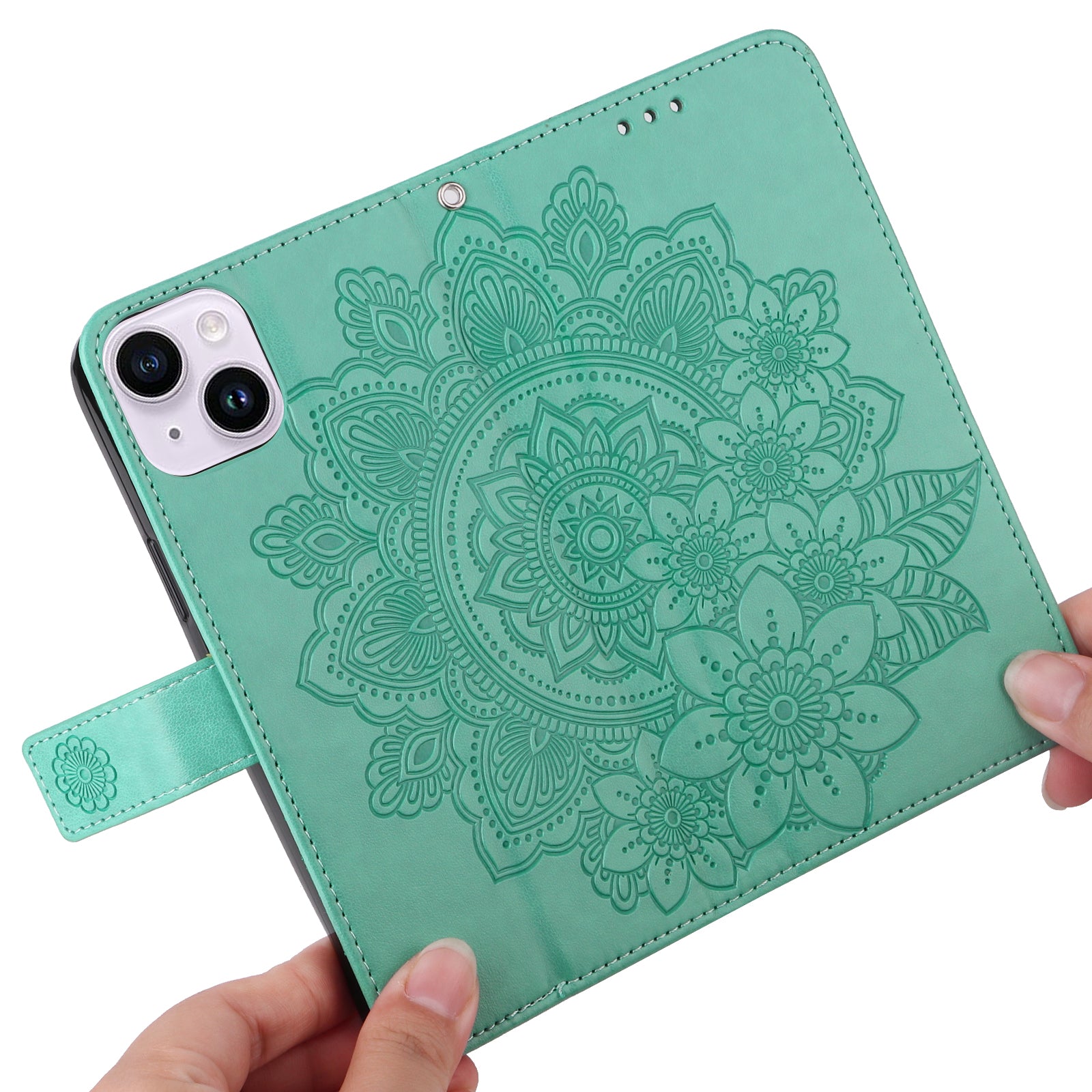 Uniqkart for iPhone 15 Plus Anti-Scratch PU Leather Cover Imprinted Flower Pattern Phone Stand Case Wallet Phone Shell - Green