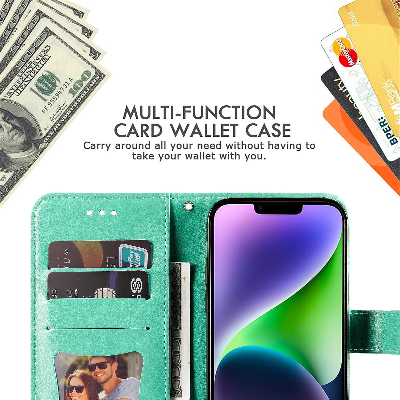 Uniqkart for iPhone 15 Plus Anti-Scratch PU Leather Cover Imprinted Flower Pattern Phone Stand Case Wallet Phone Shell - Green