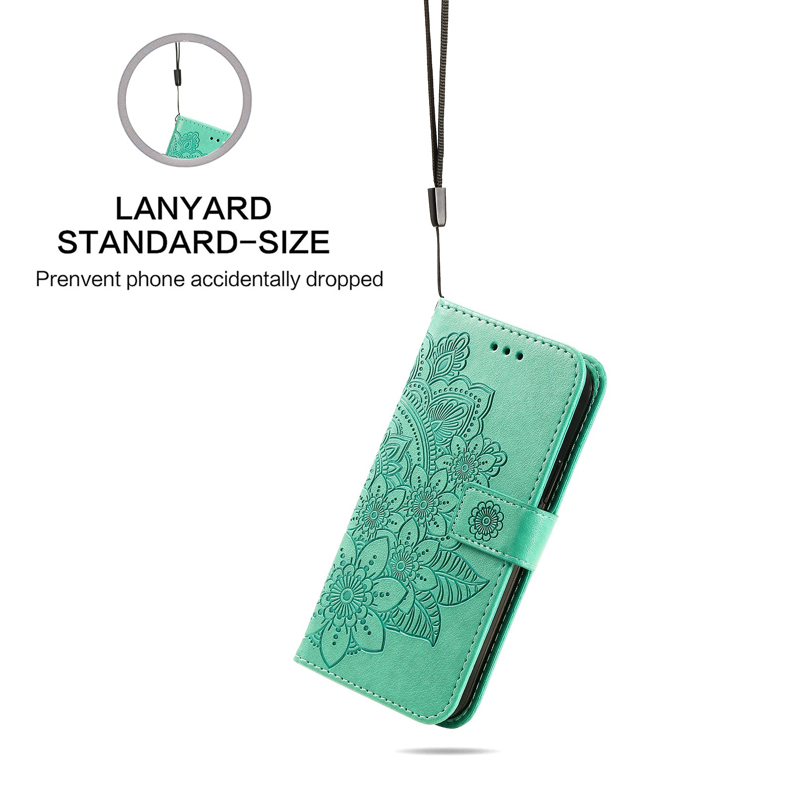 Uniqkart for iPhone 15 Plus Anti-Scratch PU Leather Cover Imprinted Flower Pattern Phone Stand Case Wallet Phone Shell - Green