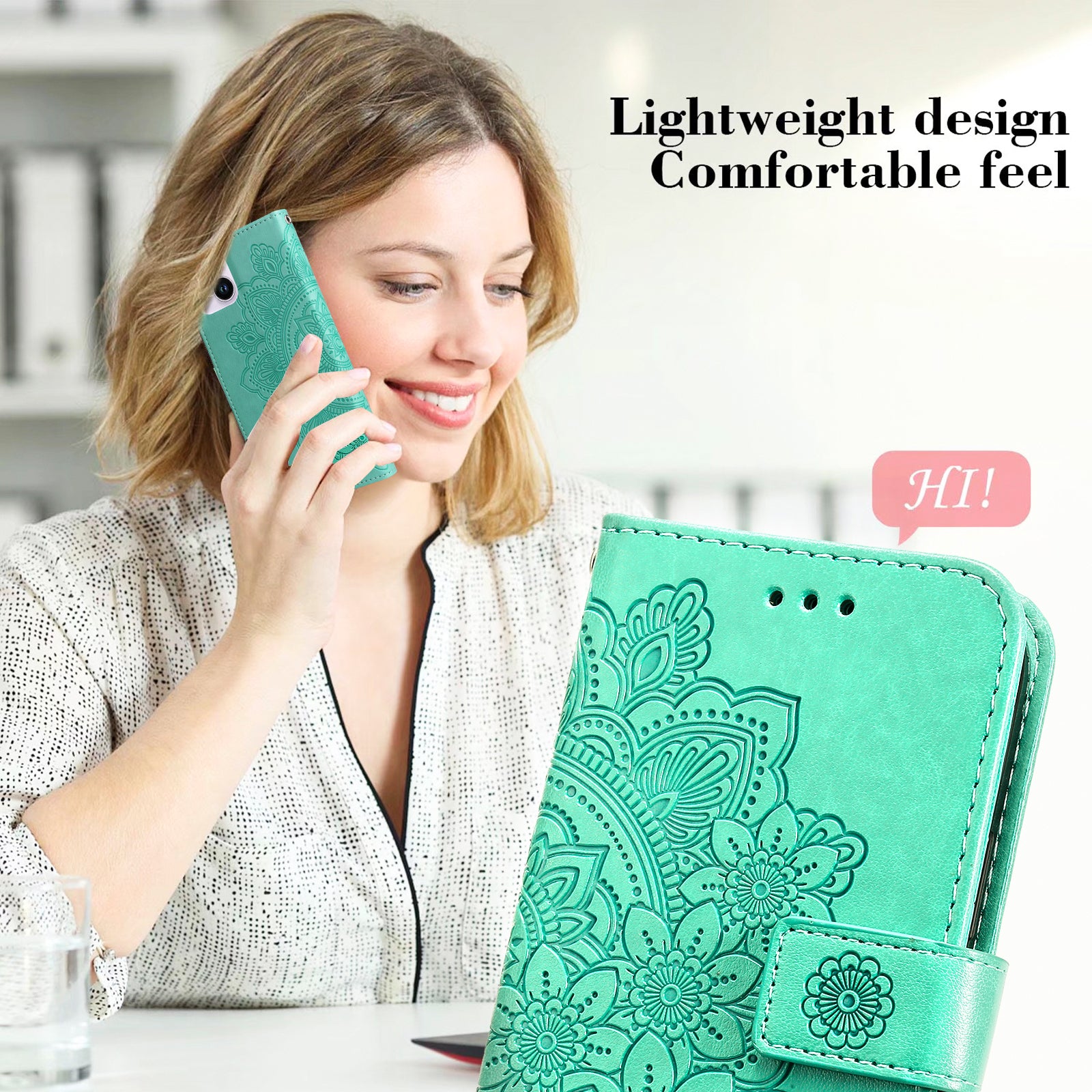 Uniqkart for iPhone 15 Plus Anti-Scratch PU Leather Cover Imprinted Flower Pattern Phone Stand Case Wallet Phone Shell - Green