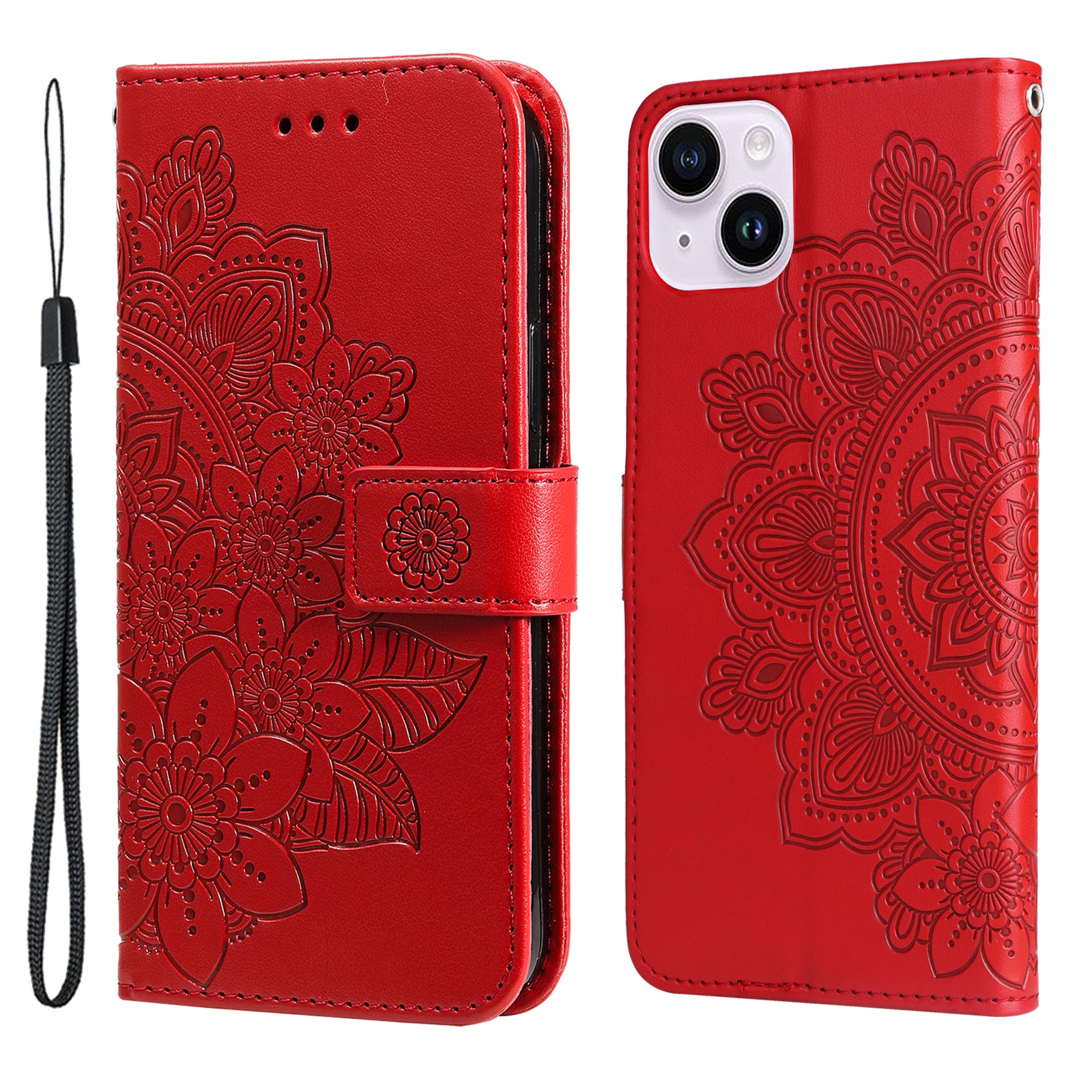 Uniqkart for iPhone 15 Plus Anti-Scratch PU Leather Cover Imprinted Flower Pattern Phone Stand Case Wallet Phone Shell - Red