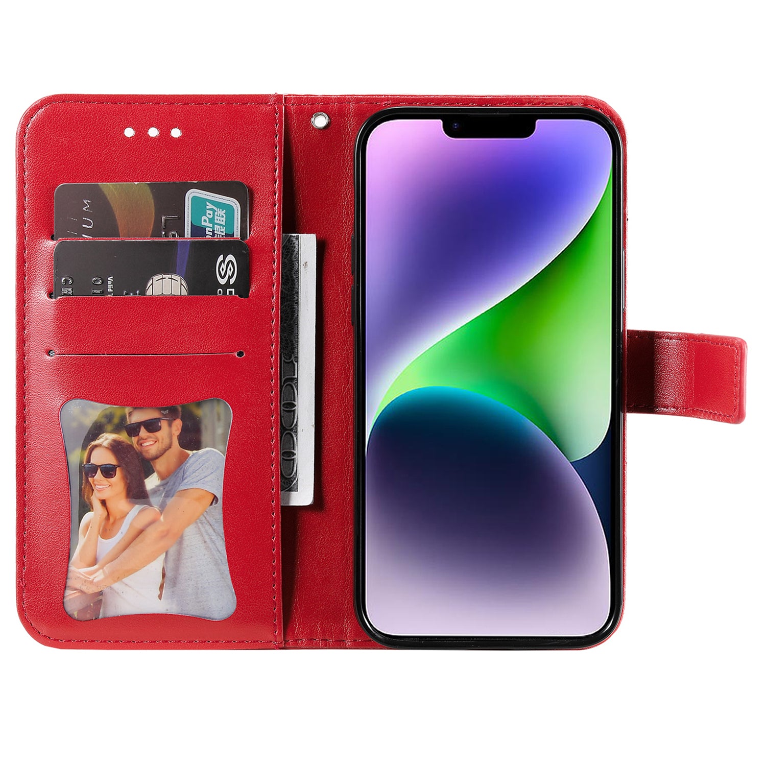 Uniqkart for iPhone 15 Plus Anti-Scratch PU Leather Cover Imprinted Flower Pattern Phone Stand Case Wallet Phone Shell - Red