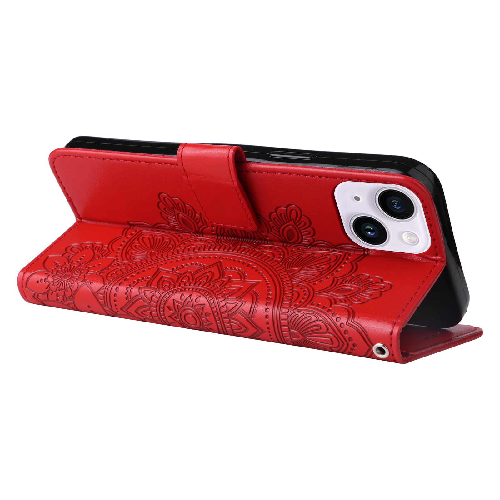 Uniqkart for iPhone 15 Plus Anti-Scratch PU Leather Cover Imprinted Flower Pattern Phone Stand Case Wallet Phone Shell - Red