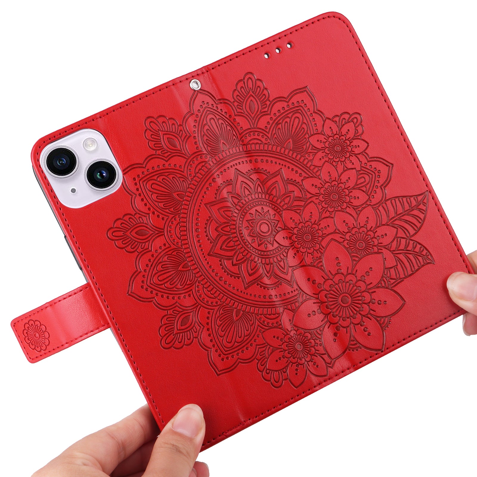 Uniqkart for iPhone 15 Plus Anti-Scratch PU Leather Cover Imprinted Flower Pattern Phone Stand Case Wallet Phone Shell - Red