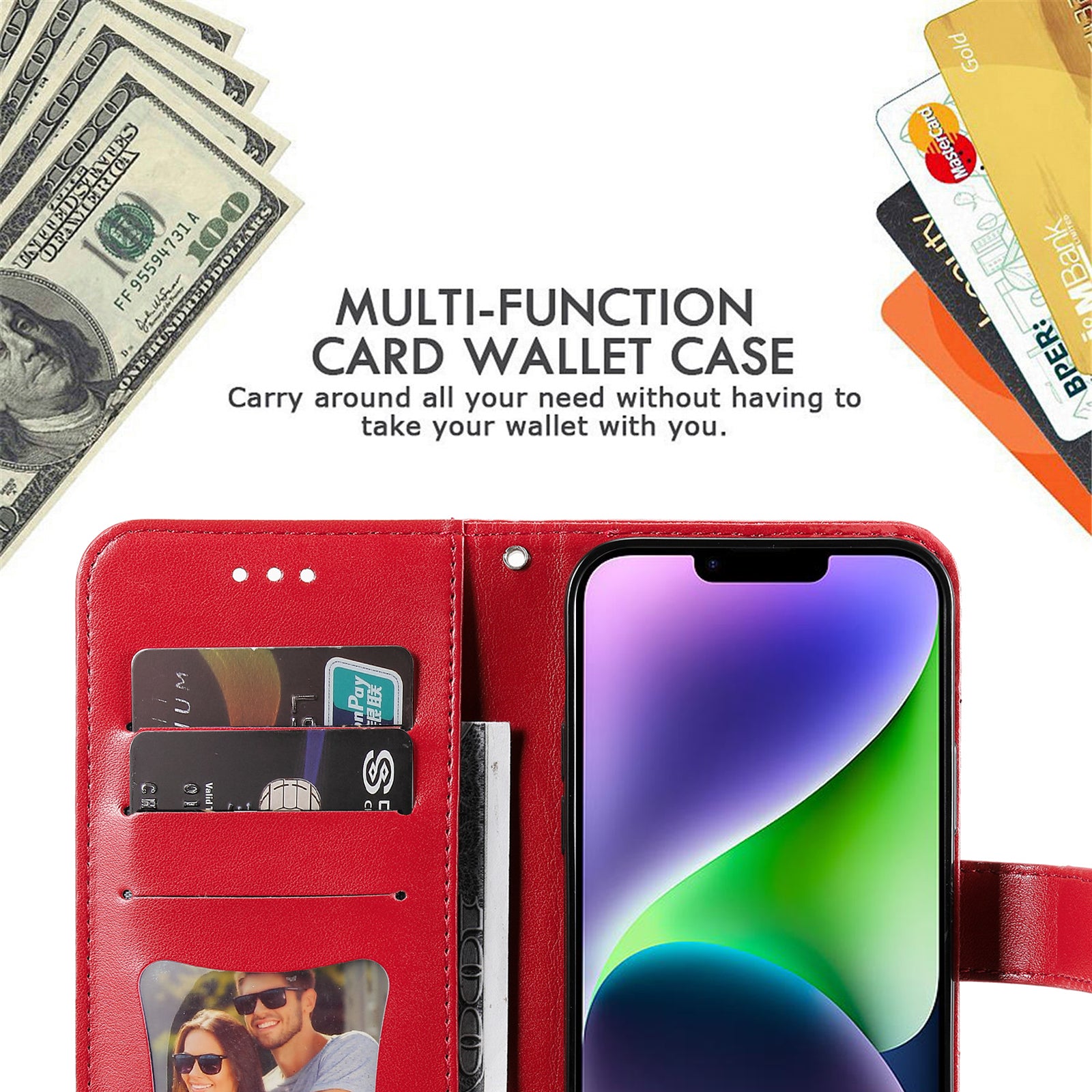 Uniqkart for iPhone 15 Plus Anti-Scratch PU Leather Cover Imprinted Flower Pattern Phone Stand Case Wallet Phone Shell - Red