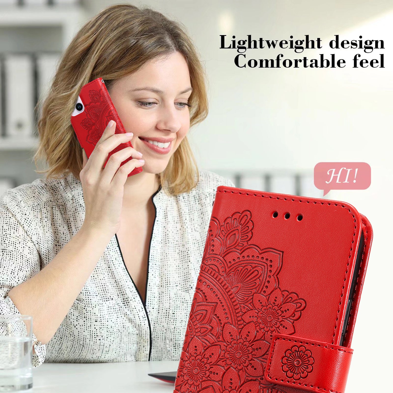 Uniqkart for iPhone 15 Plus Anti-Scratch PU Leather Cover Imprinted Flower Pattern Phone Stand Case Wallet Phone Shell - Red