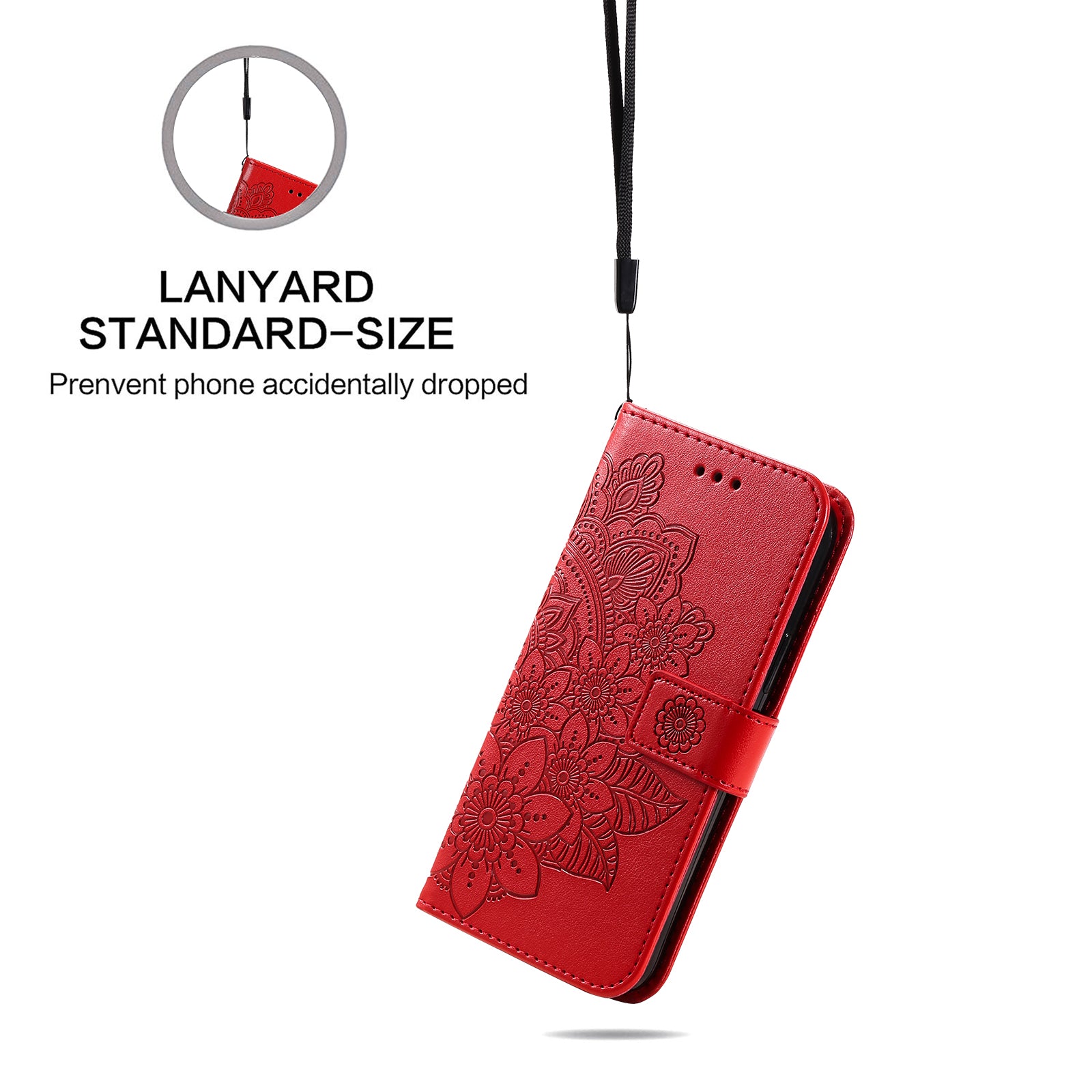 Uniqkart for iPhone 15 Plus Anti-Scratch PU Leather Cover Imprinted Flower Pattern Phone Stand Case Wallet Phone Shell - Red
