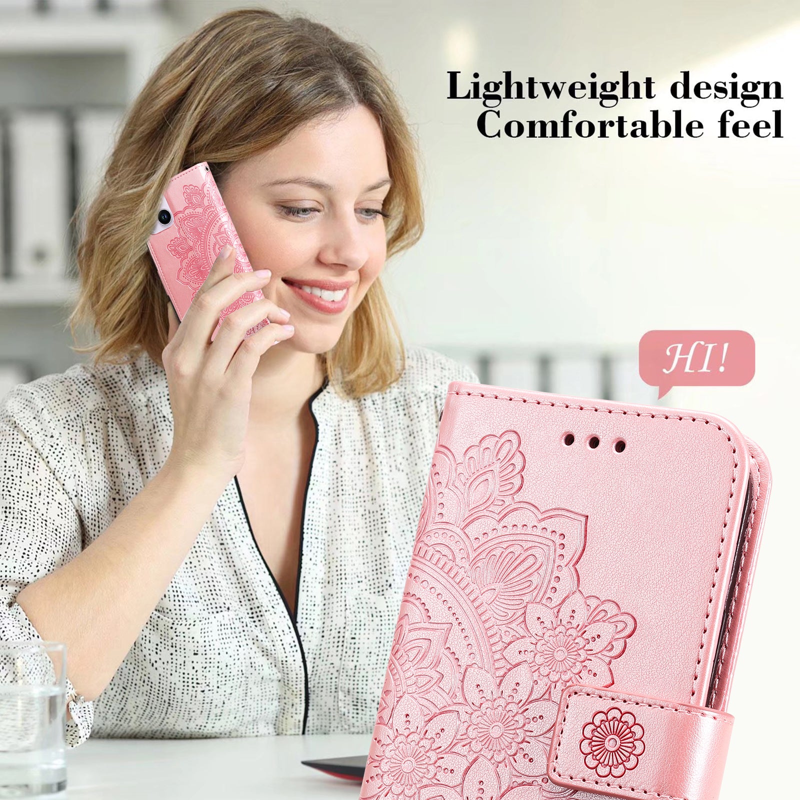 Uniqkart for iPhone 15 Plus Anti-Scratch PU Leather Cover Imprinted Flower Pattern Phone Stand Case Wallet Phone Shell - Pink
