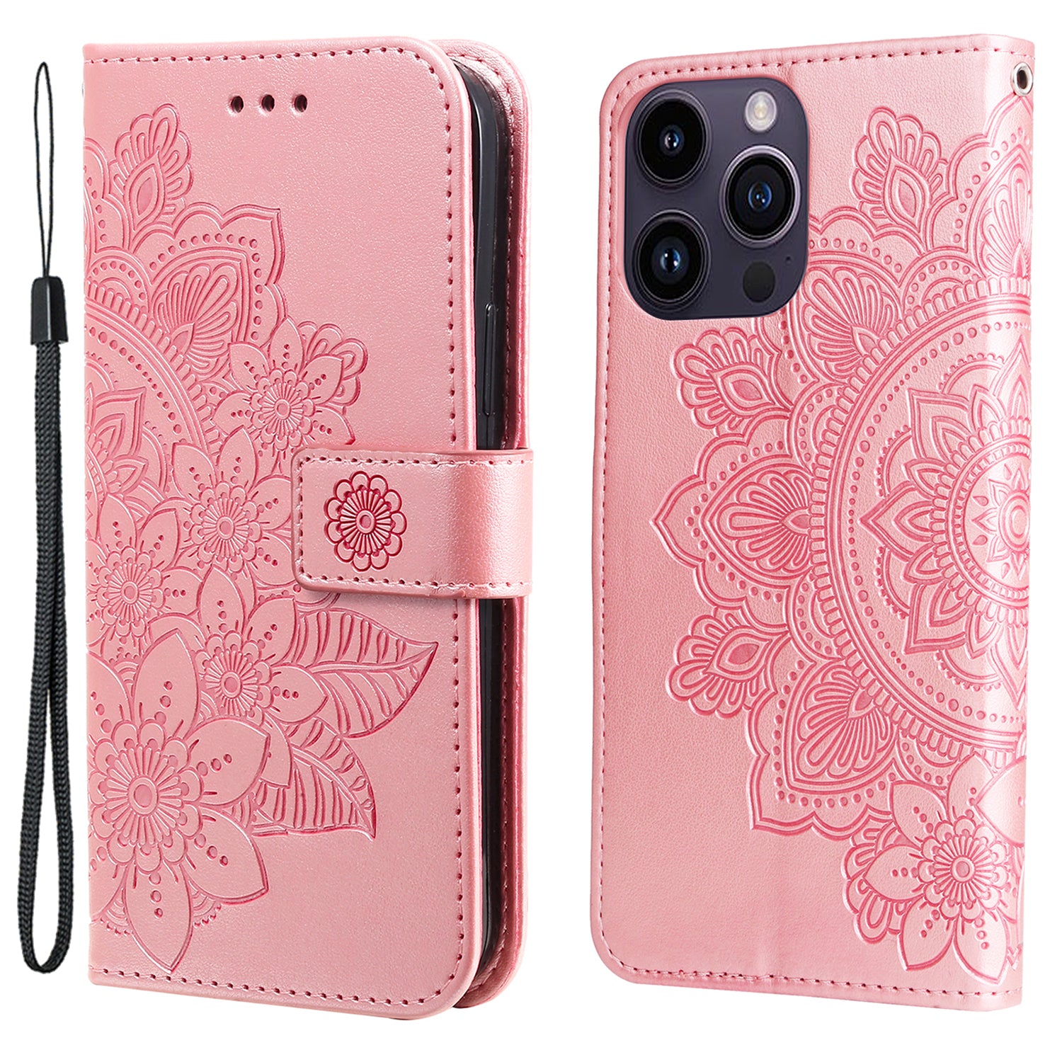 Uniqkart for iPhone 15 Pro Max Stand Phone Case Wallet Imprinted Flower Pattern TPU+PU Leather Cover Shell - Pink