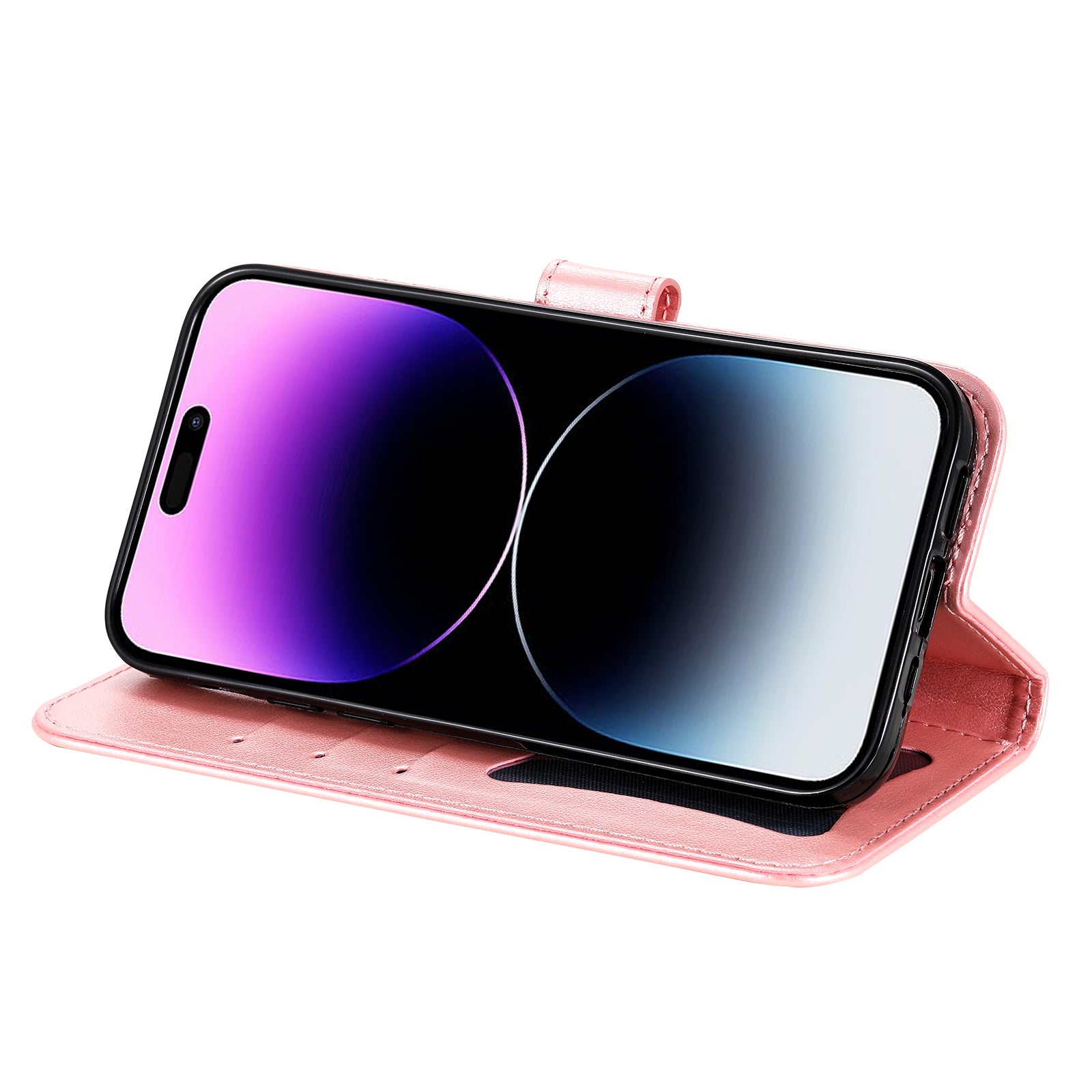 Uniqkart for iPhone 15 Pro Max Stand Phone Case Wallet Imprinted Flower Pattern TPU+PU Leather Cover Shell - Pink
