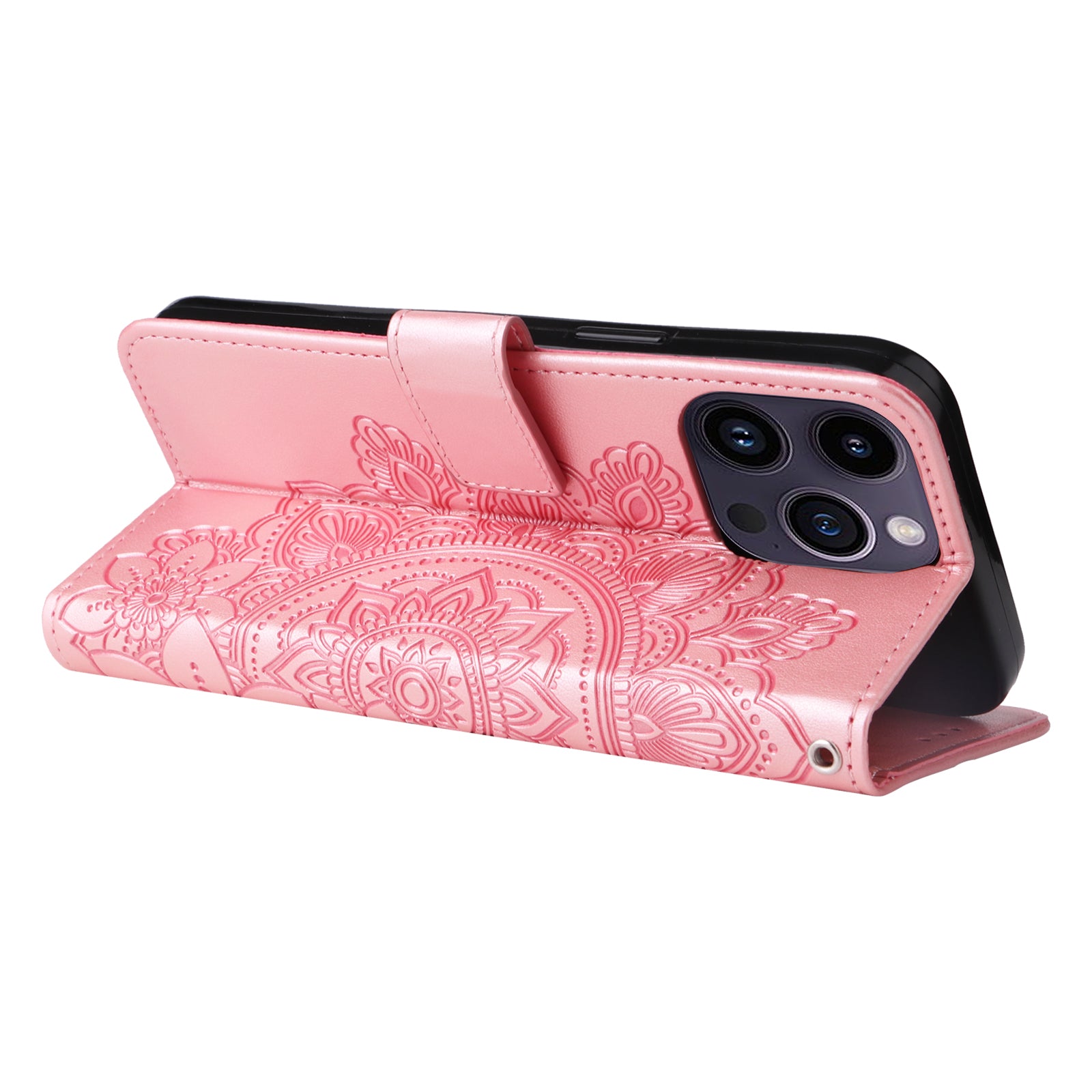 Uniqkart for iPhone 15 Pro Max Stand Phone Case Wallet Imprinted Flower Pattern TPU+PU Leather Cover Shell - Pink