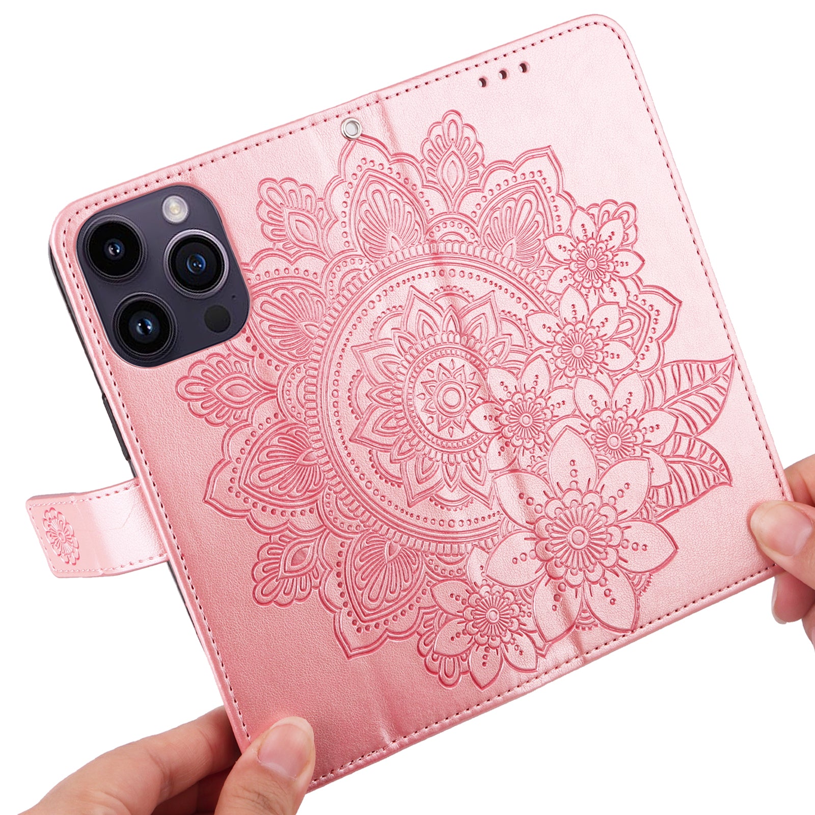 Uniqkart for iPhone 15 Pro Max Stand Phone Case Wallet Imprinted Flower Pattern TPU+PU Leather Cover Shell - Pink