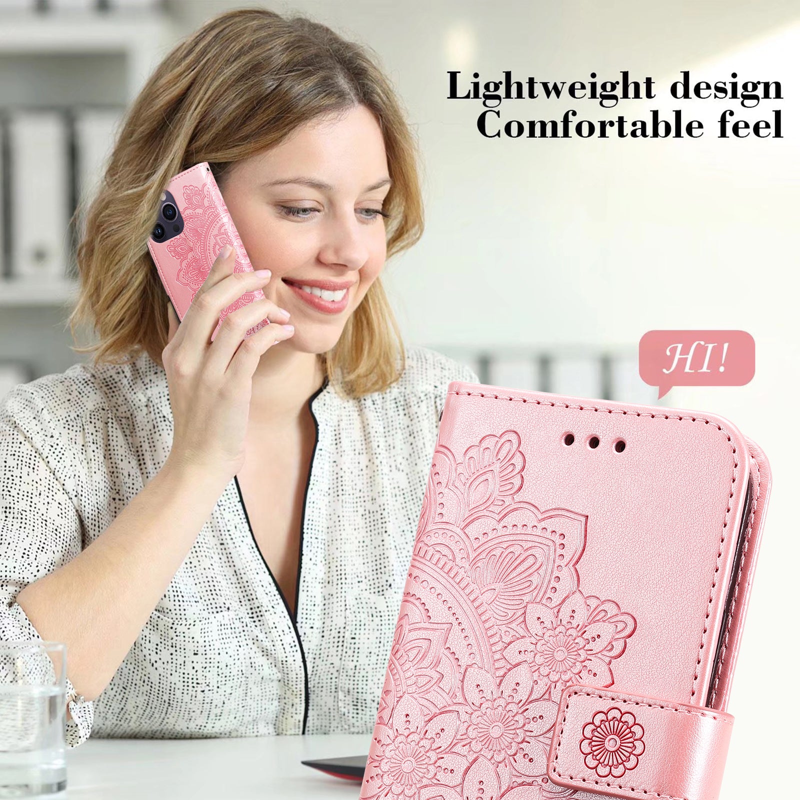 Uniqkart for iPhone 15 Pro Max Stand Phone Case Wallet Imprinted Flower Pattern TPU+PU Leather Cover Shell - Pink