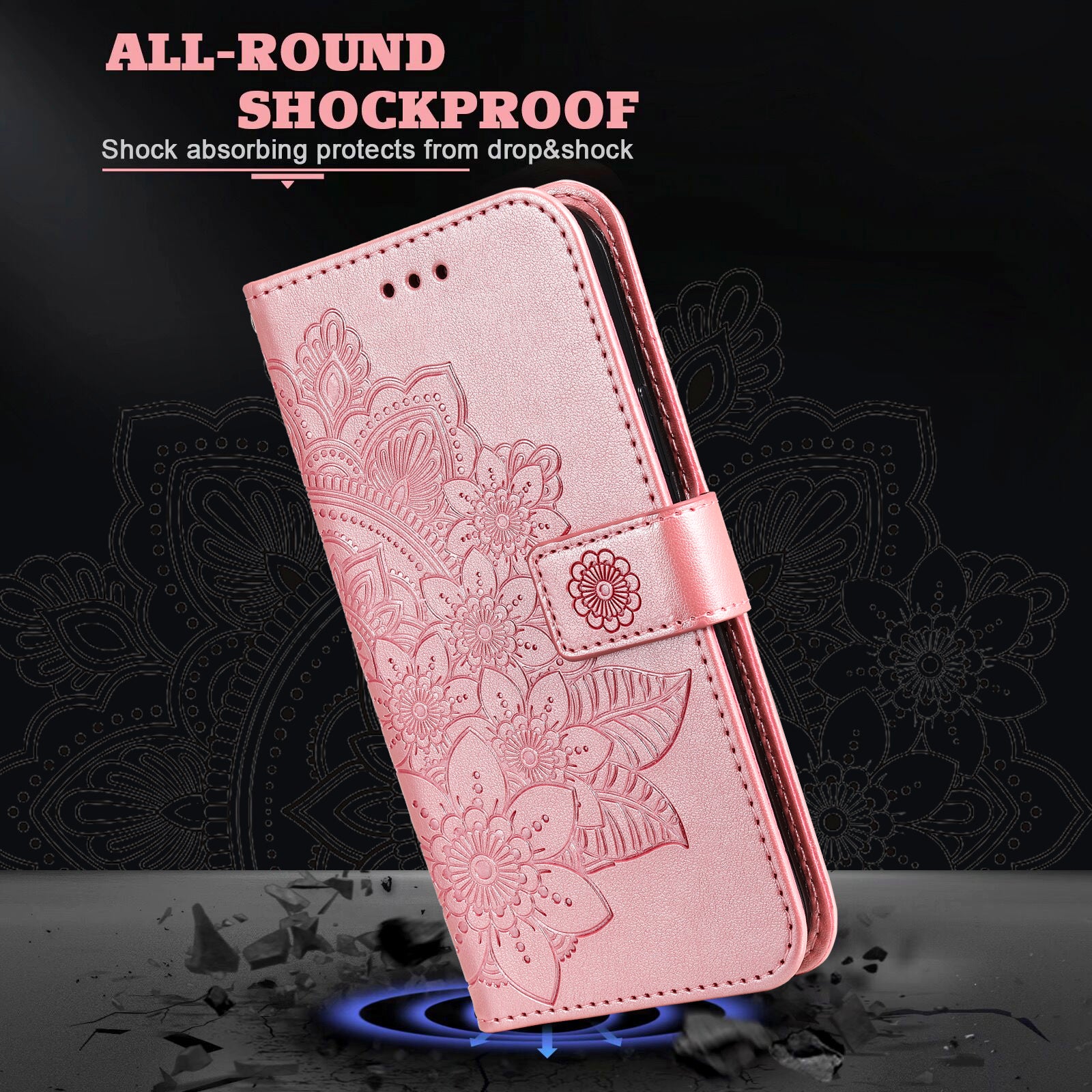 Uniqkart for iPhone 15 Pro Max Stand Phone Case Wallet Imprinted Flower Pattern TPU+PU Leather Cover Shell - Pink